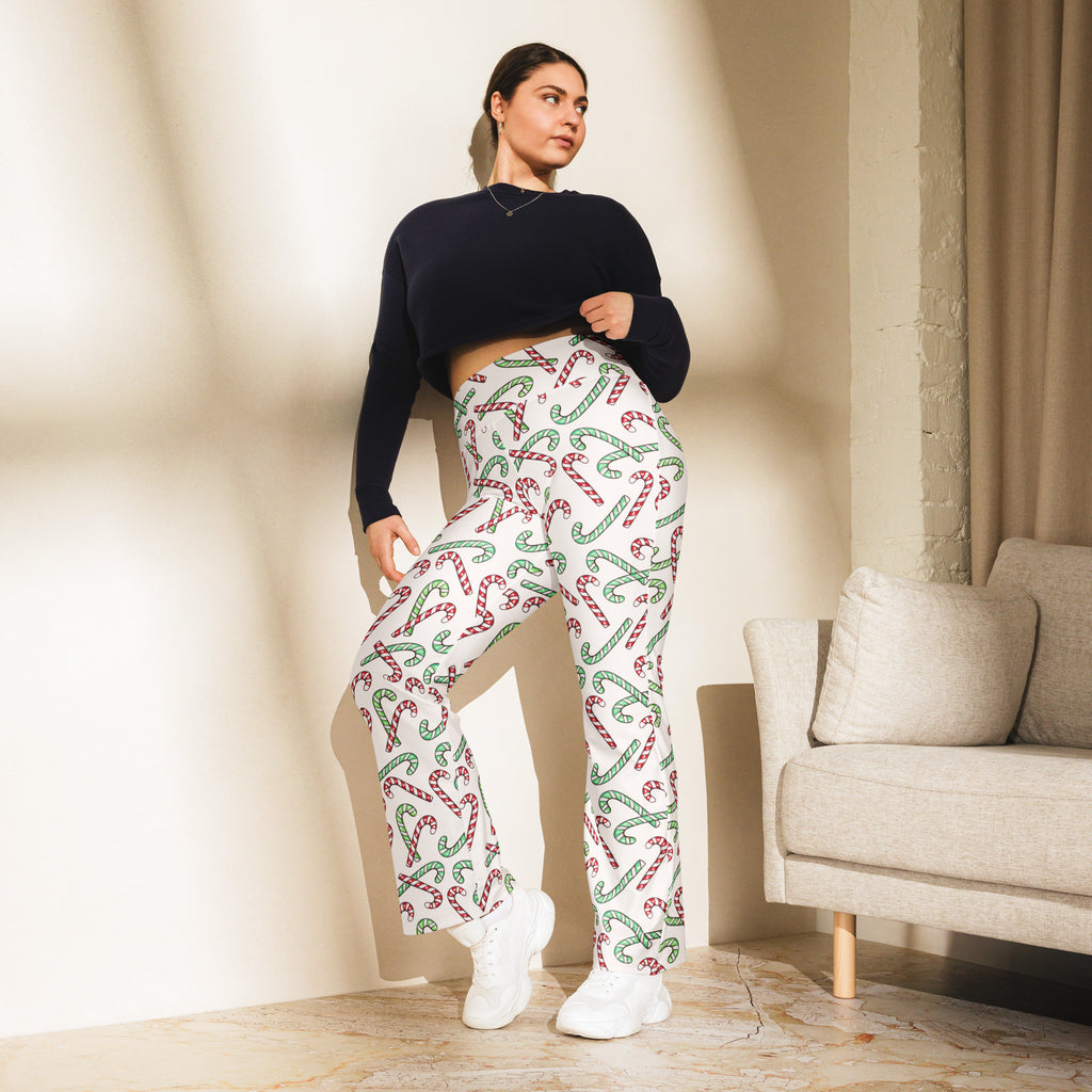 Women's Red & Green Candy Cane High Waist Flare Legging Pants