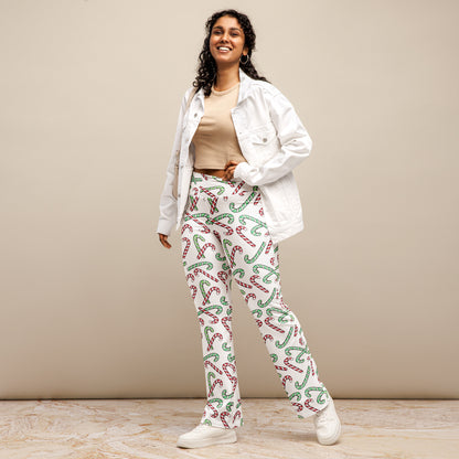 Women's Red & Green Candy Cane High Waist Flare Legging Pants