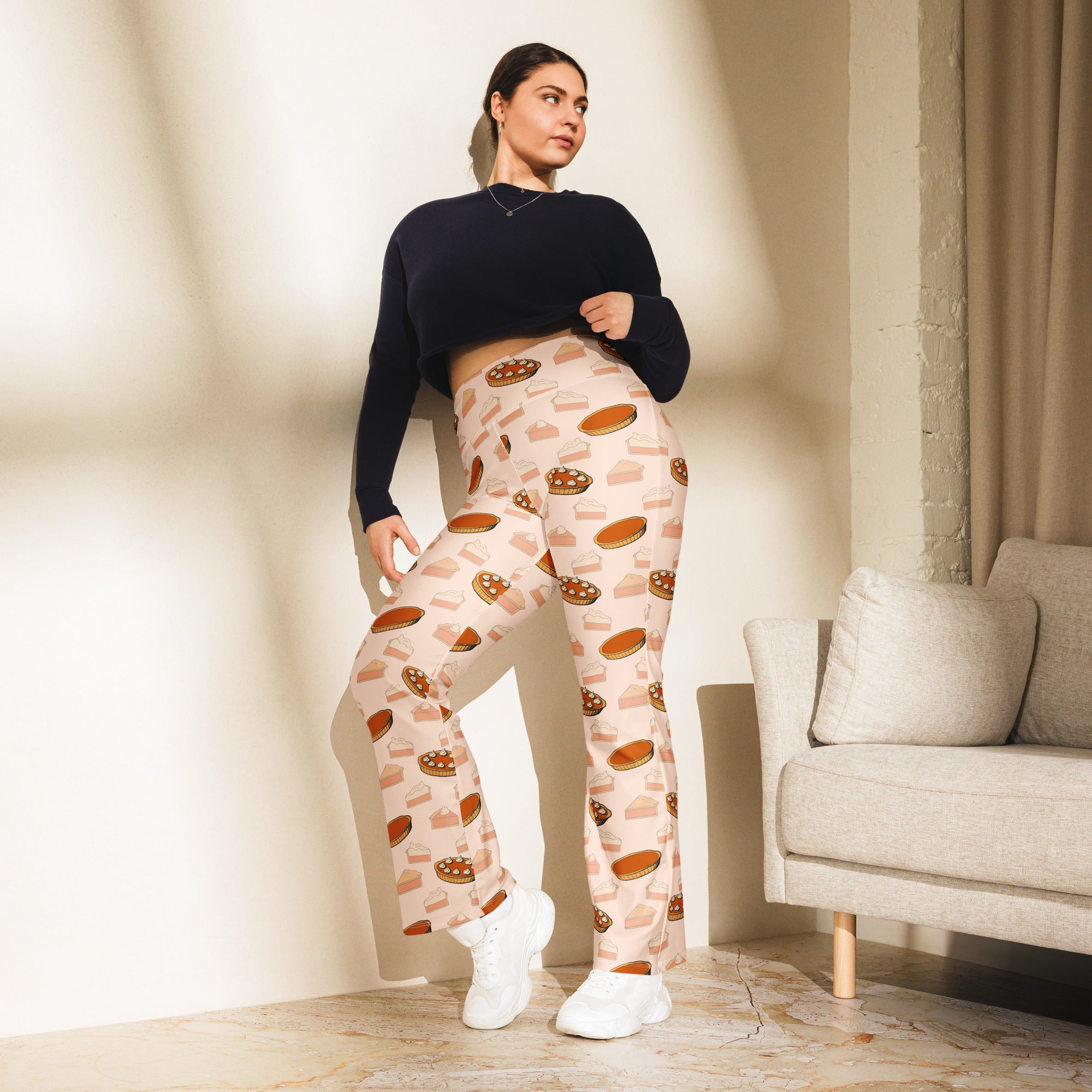Women’s pink pumpkin pie thanksgiving high waist flare leggings with playful pie and pastry pattern