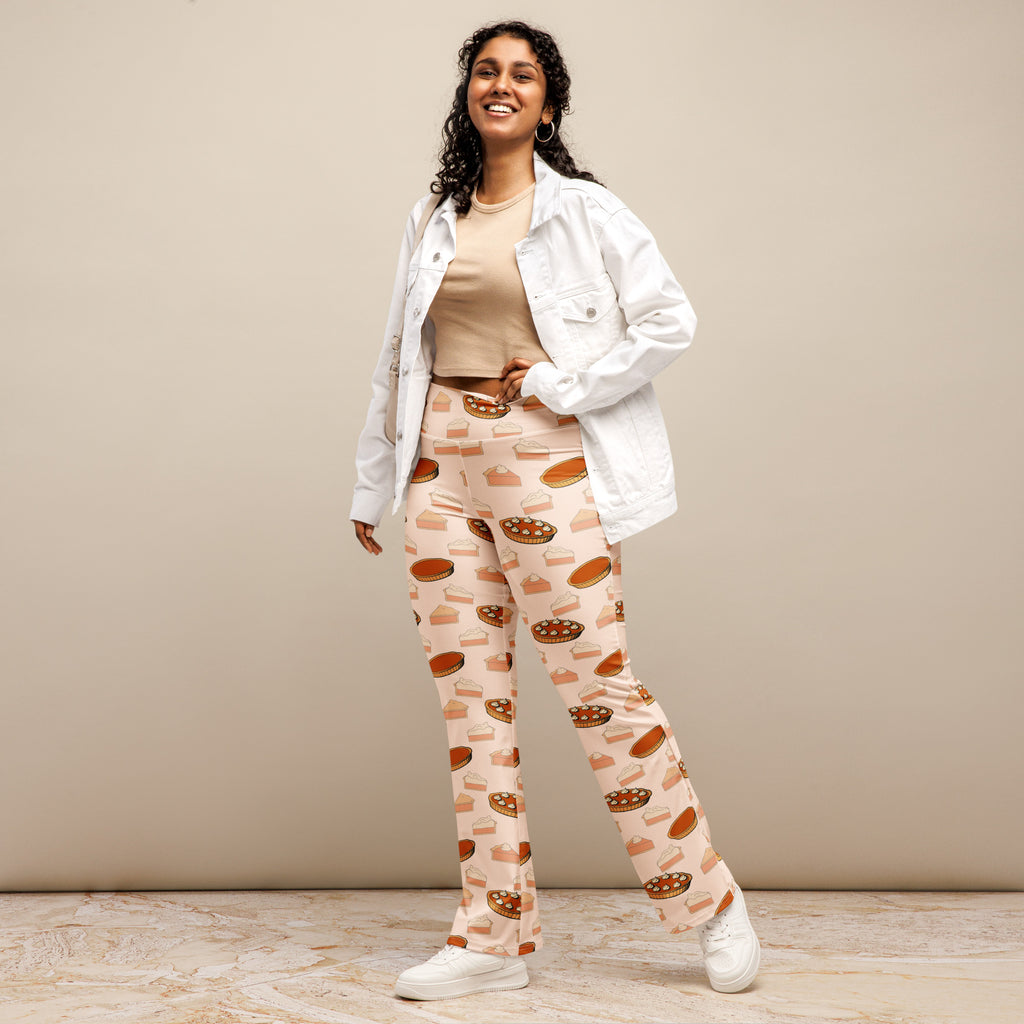 Women’s pumpkin pie thanksgiving high waist flare leggings in pink with playful all over pie print in warm tones
