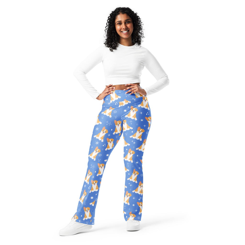 Women's Blue Corgi Dog High Waist Flare Legging Pants