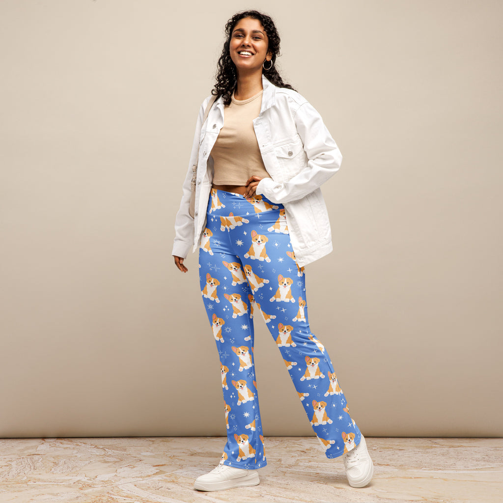 Women's Blue Corgi Dog High Waist Flare Legging Pants