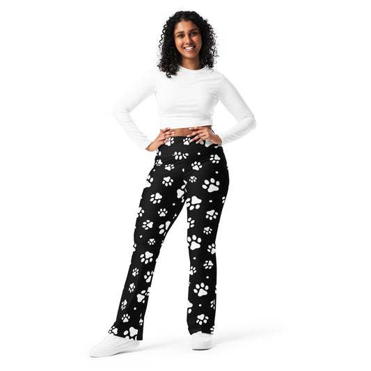 Women's Black Paw Print High Waist Flare Legging Pants