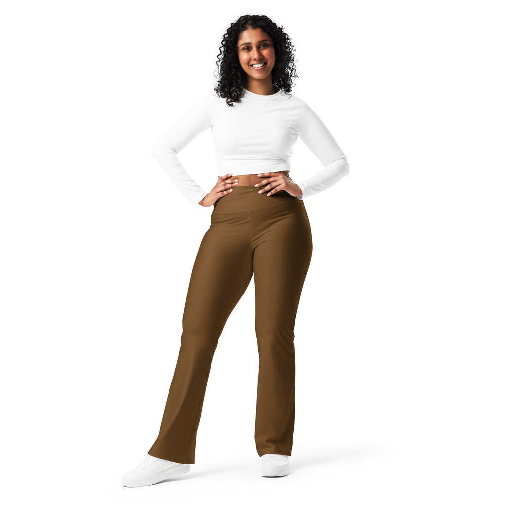 Women’s brown high waist flare legging pants made of stretchy fabric shown from the front side