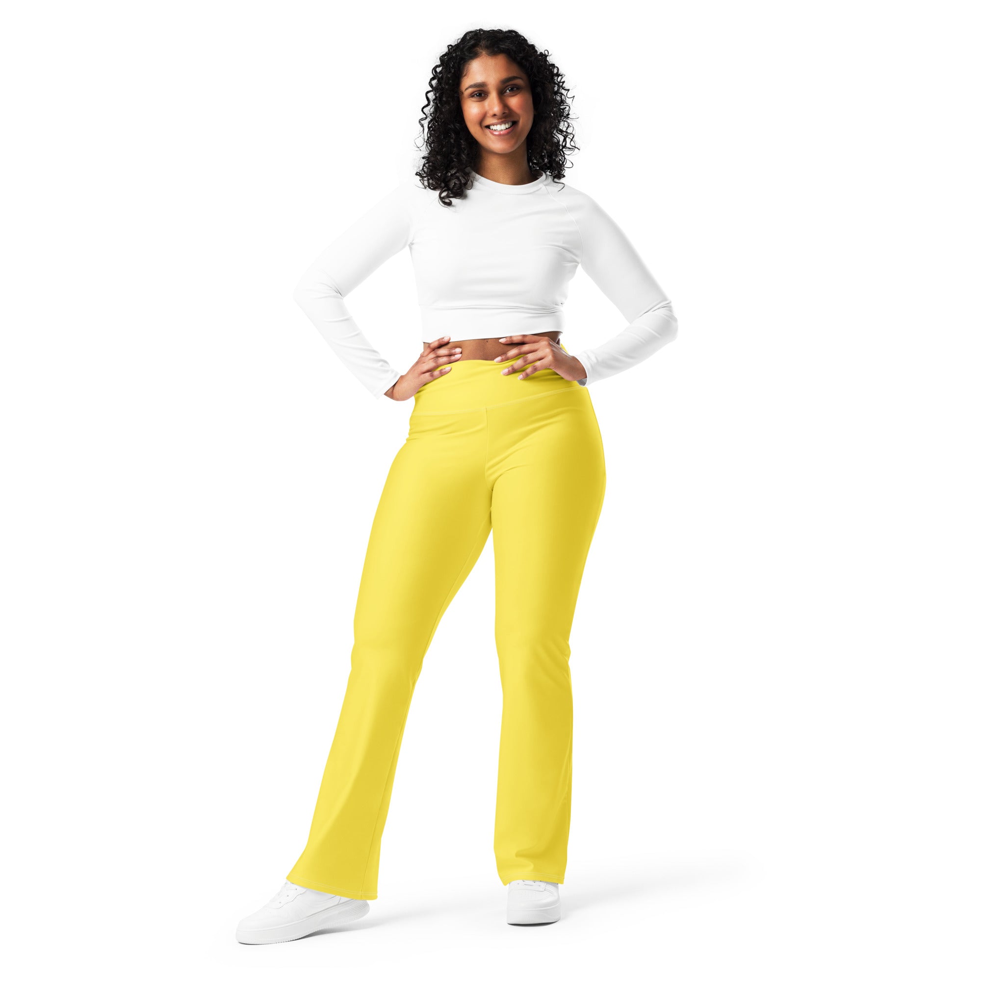 Bright yellow high waist flare legging pants for women made from stretchy comfortable fabric