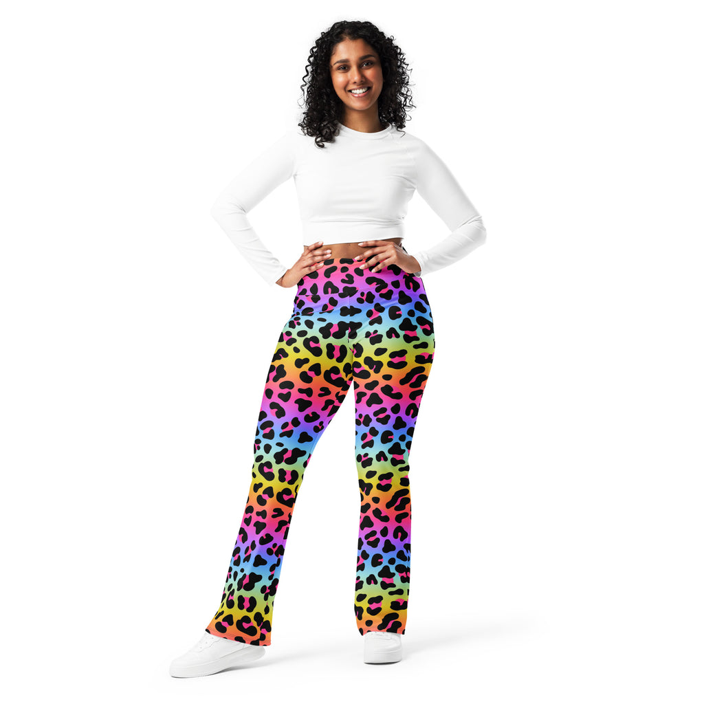 Women’s rainbow leopard high waist flare legging pants with vibrant gradient pattern and colorful print