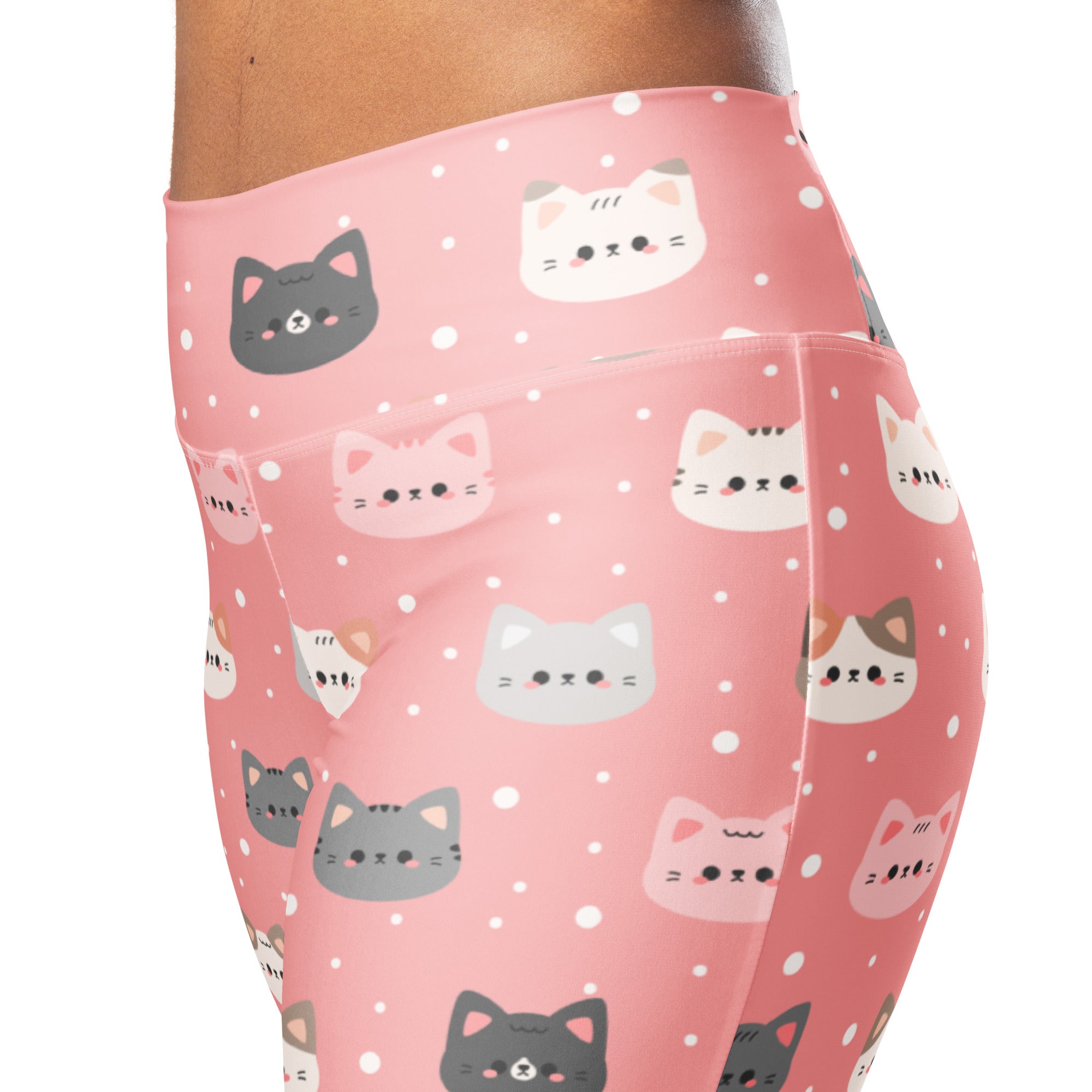 Women’s cute pink cat faces high waist flare leggings with playful gray white and pink cartoon cats and polka dots