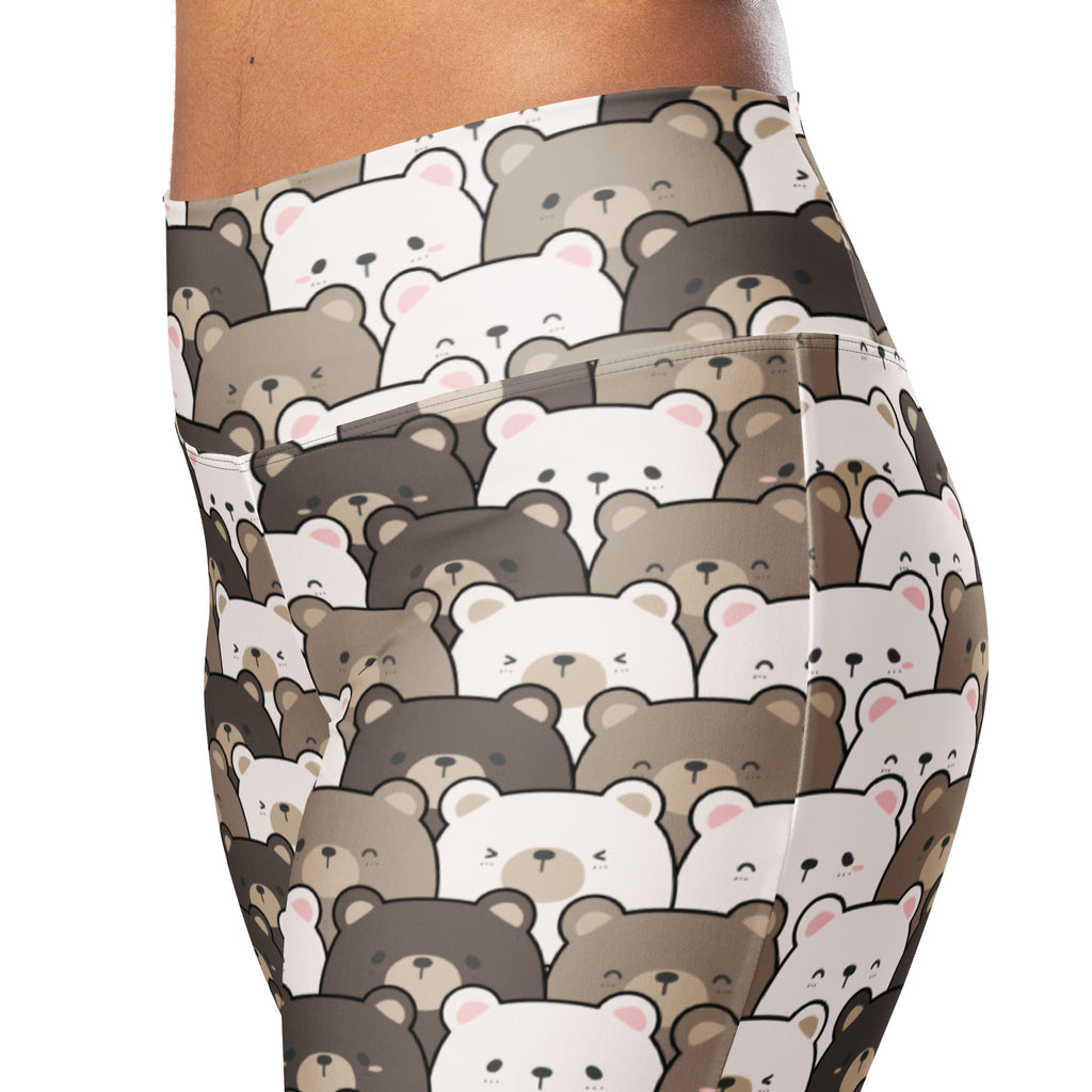 Women’s cute bear print high waist flare leggings featuring playful cartoon bears in white beige and brown with pink ears