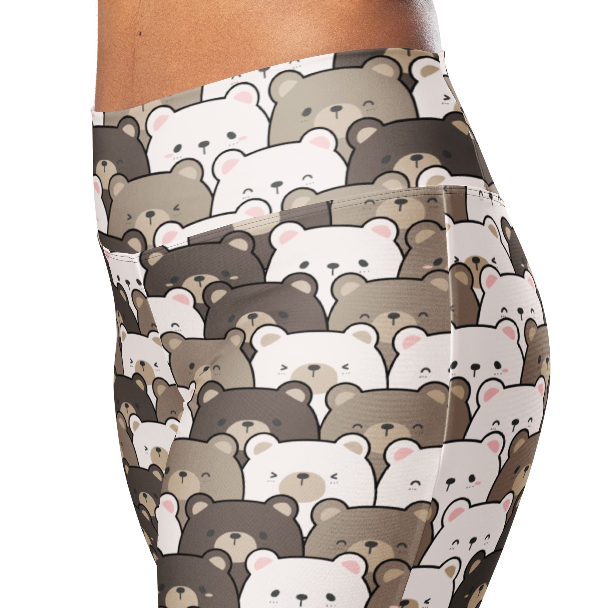 Women’s cute bear print high waist flare leggings featuring playful cartoon bears in white beige and brown with pink ears