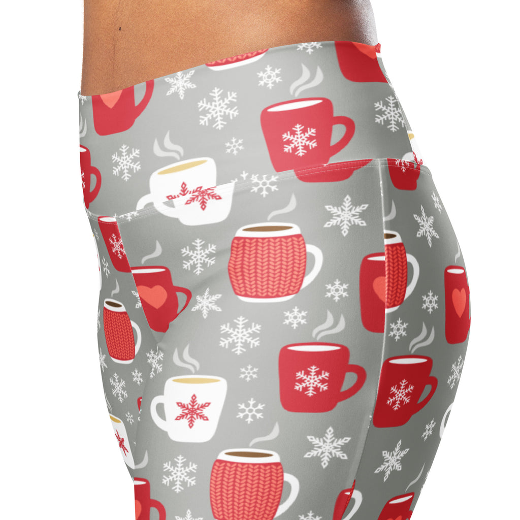 Women’s hot cocoa christmas high waist gray leggings with red and white festive mugs and snowflake pattern