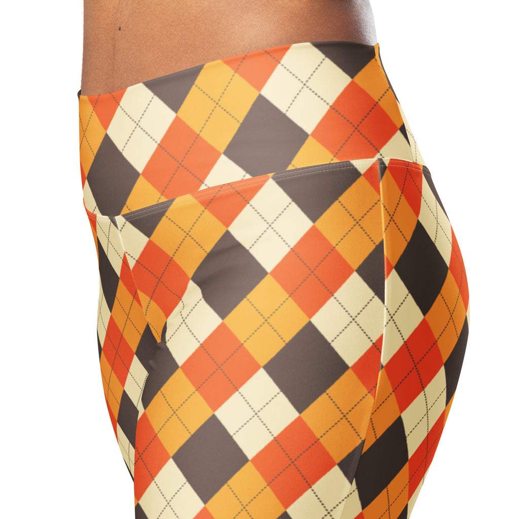 Women’s fall argyle high waist flare leggings with bold orange cream and dark gray pattern for stylish comfort