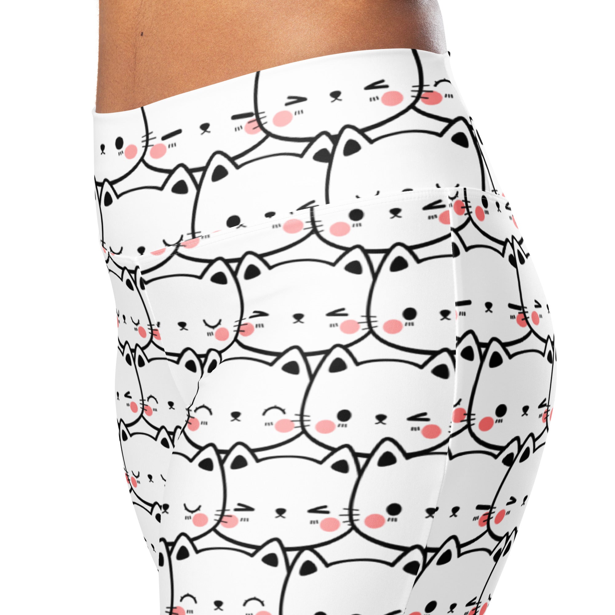 Women’s white high waist flare leggings with black outlined cartoon cats and pink blush cheeks pattern