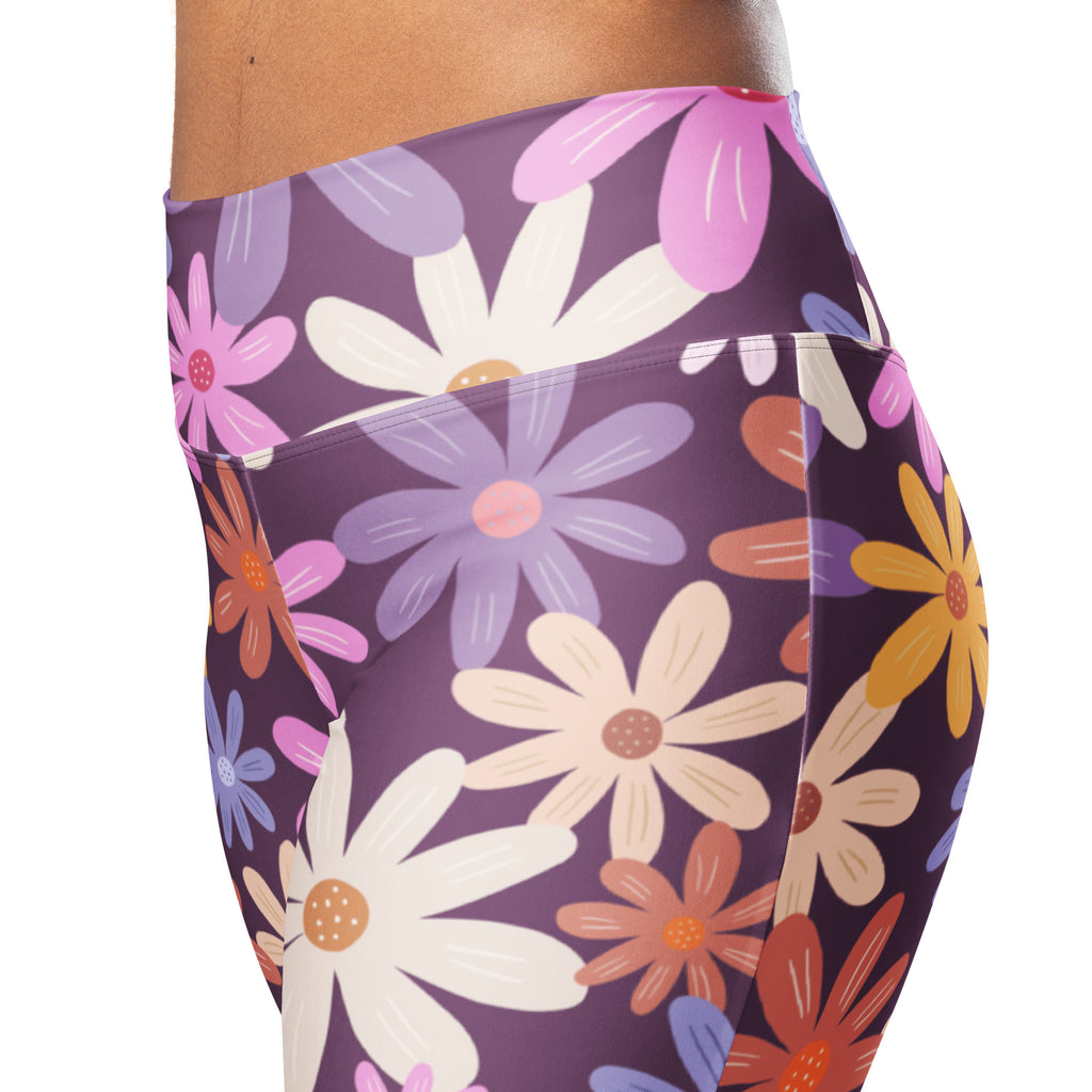 Women’s retro purple high waist flare leggings with vibrant cartoon-style white pink purple orange and yellow daisies