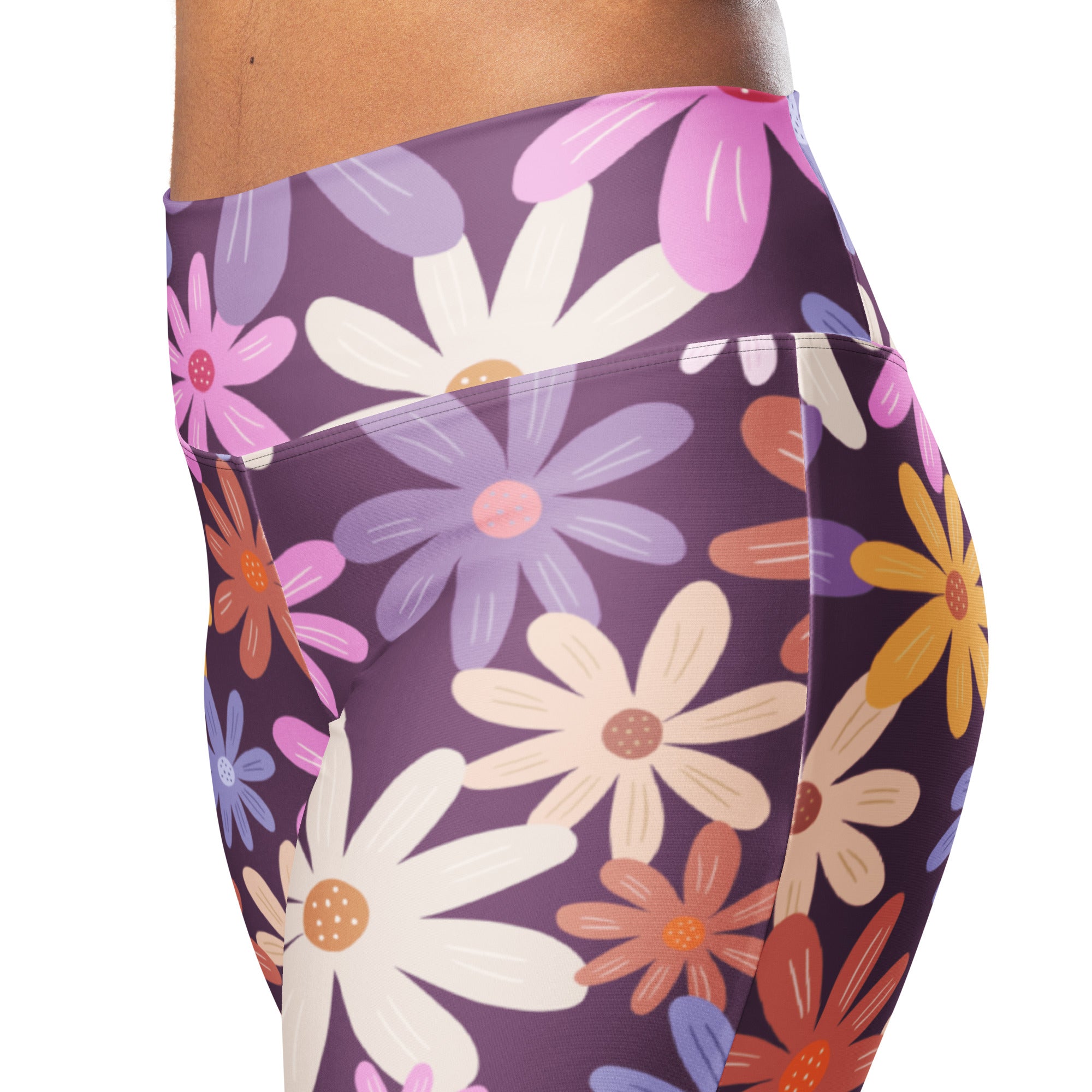 Women’s retro purple high waist flare leggings with vibrant cartoon-style white pink purple orange and yellow daisies