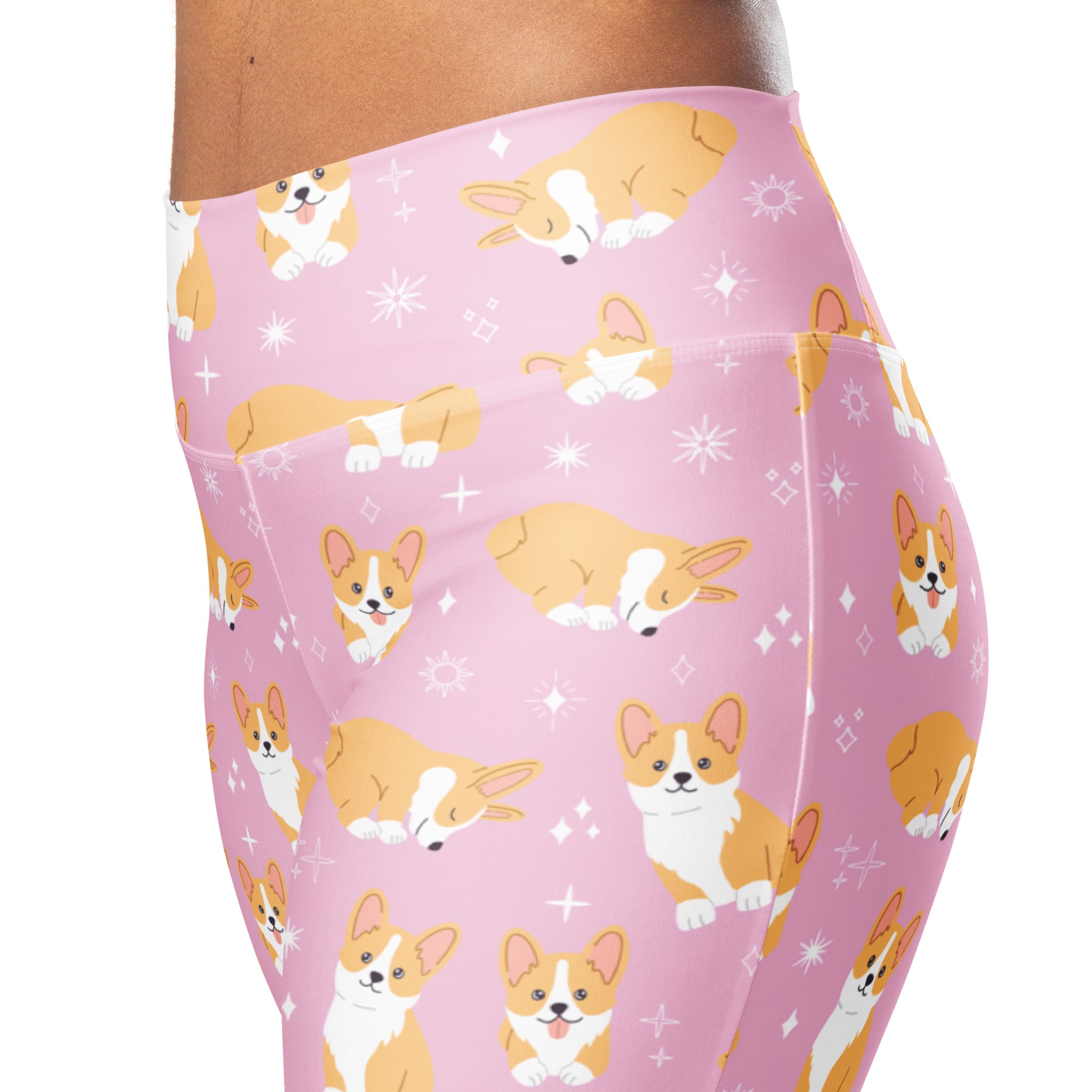 Women’s pink high waist flare leggings with playful orange and white corgi dog pattern and sparkling star accents