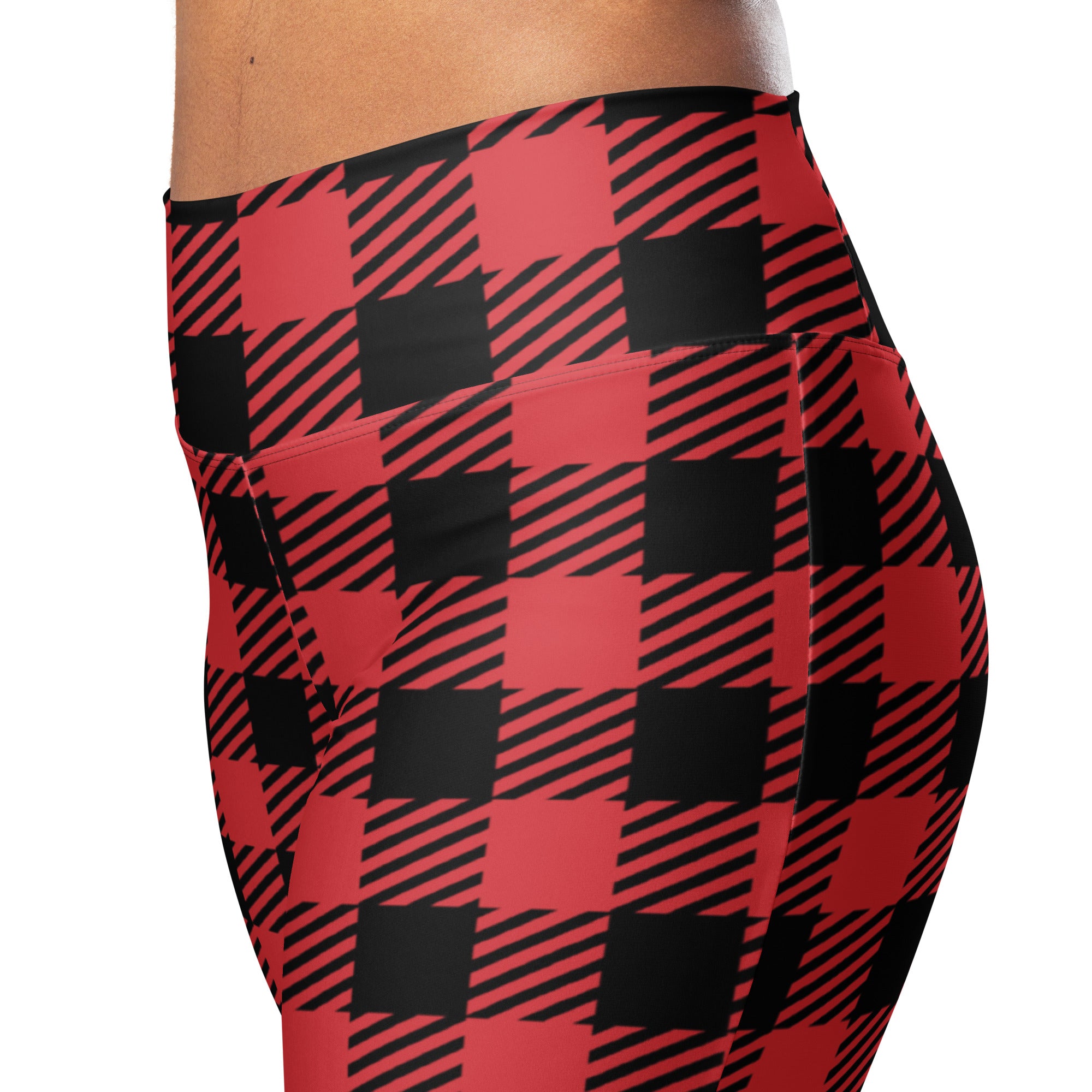 Women’s red buffalo plaid high waist flare leggings with a black and red plaid pattern and comfortable stretchy fabric