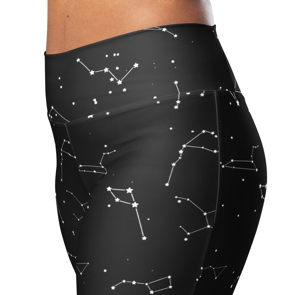 Women’s black high waist flare leggings with white realistic constellation pattern for casual wear