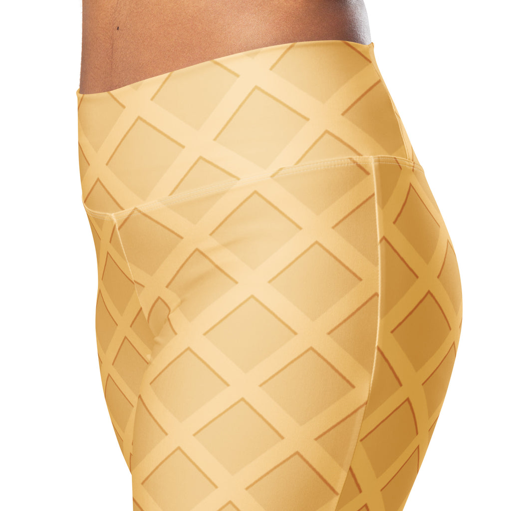 Women’s golden-yellow waffle cone high waist flare leggings with ice cream cone pattern in stretchy fabric