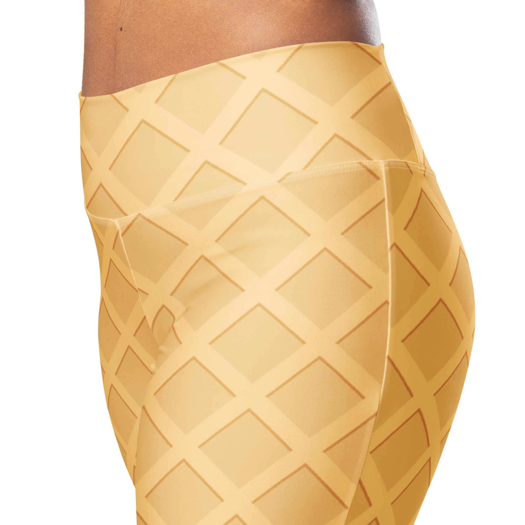 Women’s golden-yellow waffle cone high waist flare leggings with ice cream cone pattern in stretchy fabric