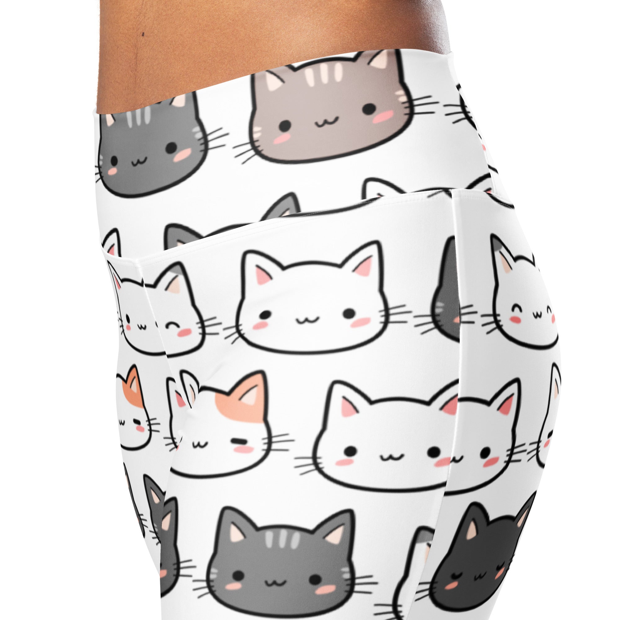 White women’s high waist flare leggings with cute gray black white and orange cartoon cats and pink cheeks print