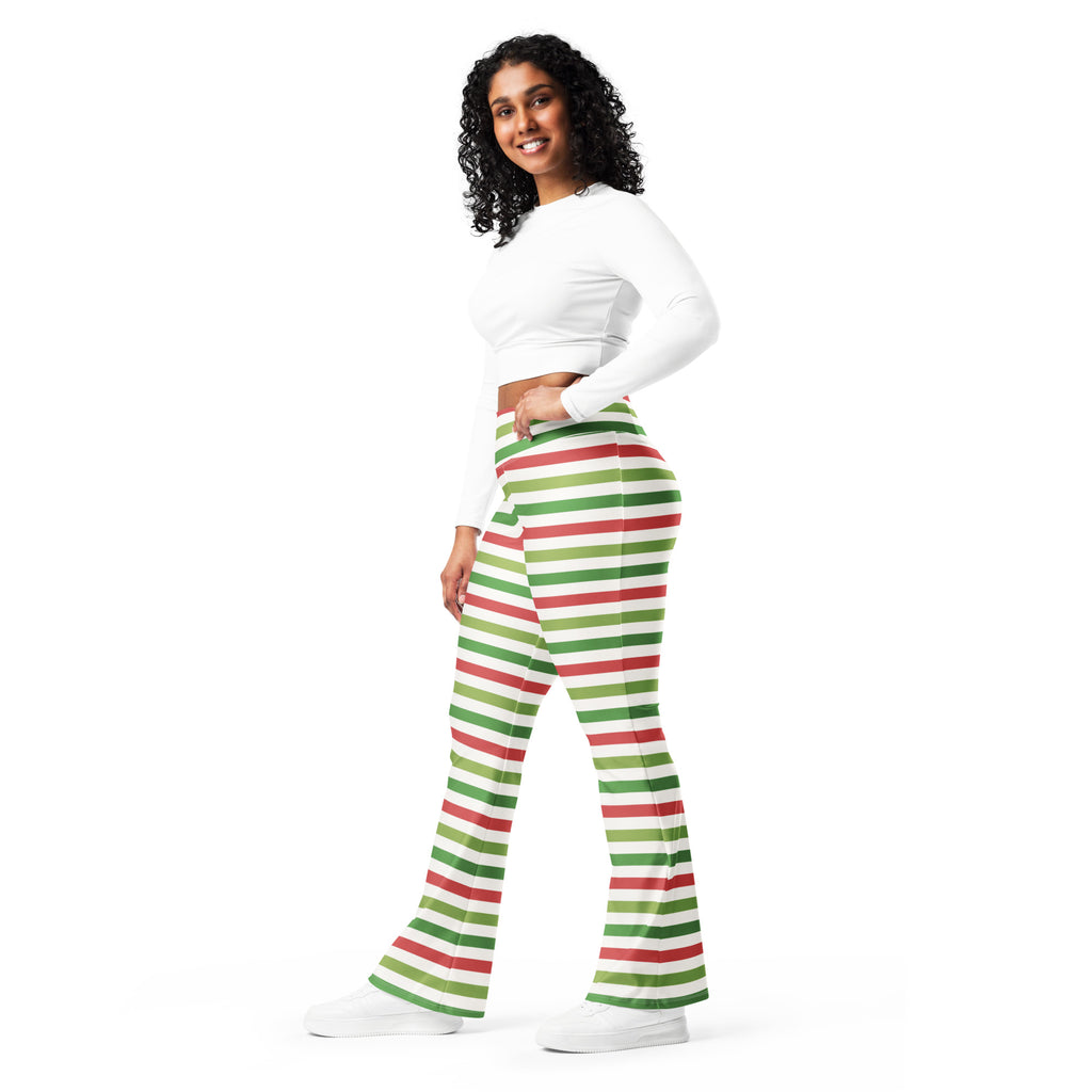 Women’s yellow high waist flare legging pants with red and green horizontal stripes and a flared fit
