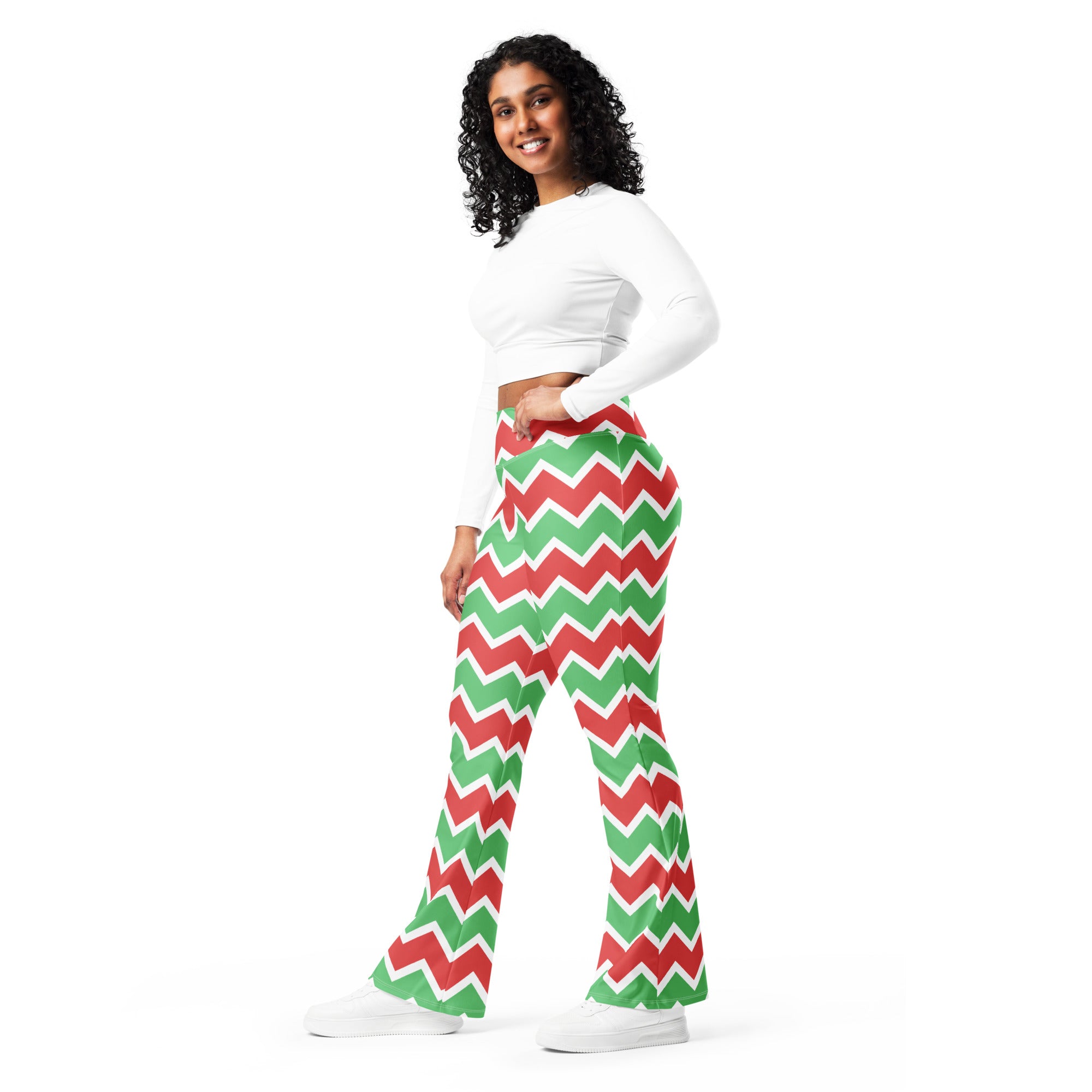 Women’s christmas chevron high waist flare legging pants in red and green with chevron pattern and flared legs