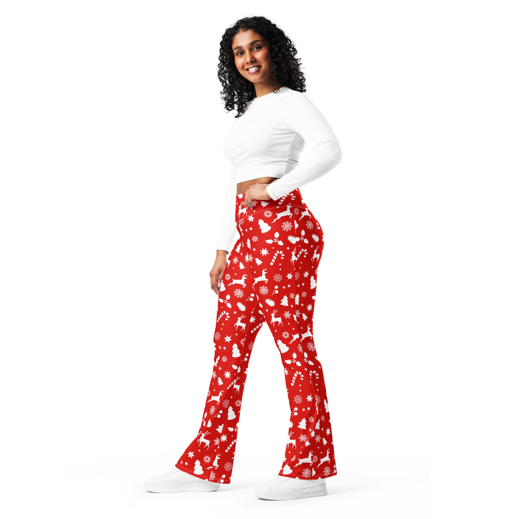 Women’s red christmas print high waist flare legging pants with white reindeer snowflakes and candy cane patterns