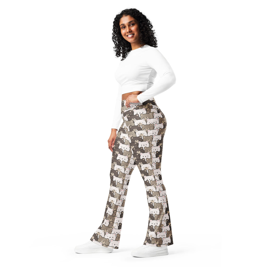 Women’s high waist flare legging pants with playful cartoon fox pattern in beige and gray tones