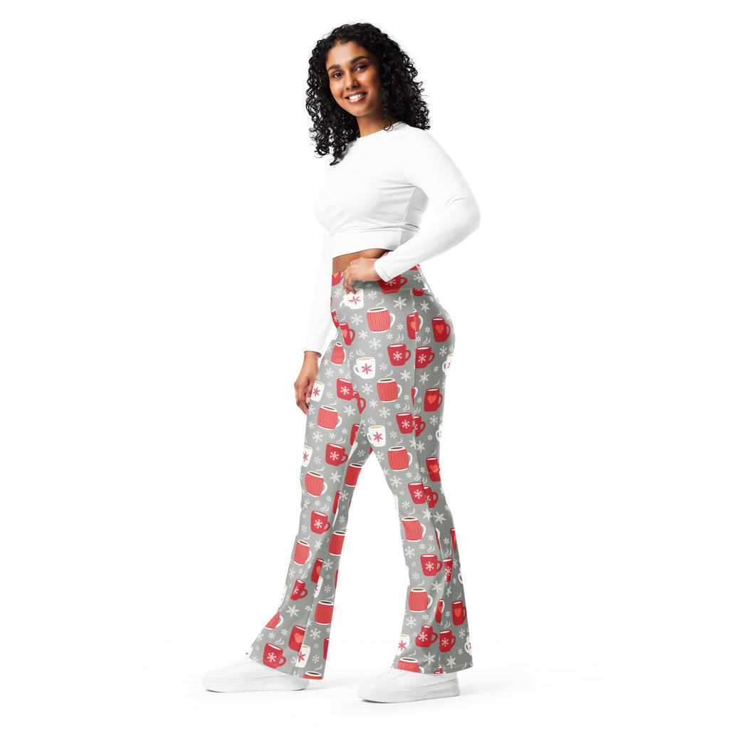 Women’s hot cocoa christmas high waist flare legging pants in gray with red and white mug and snowflake festive pattern