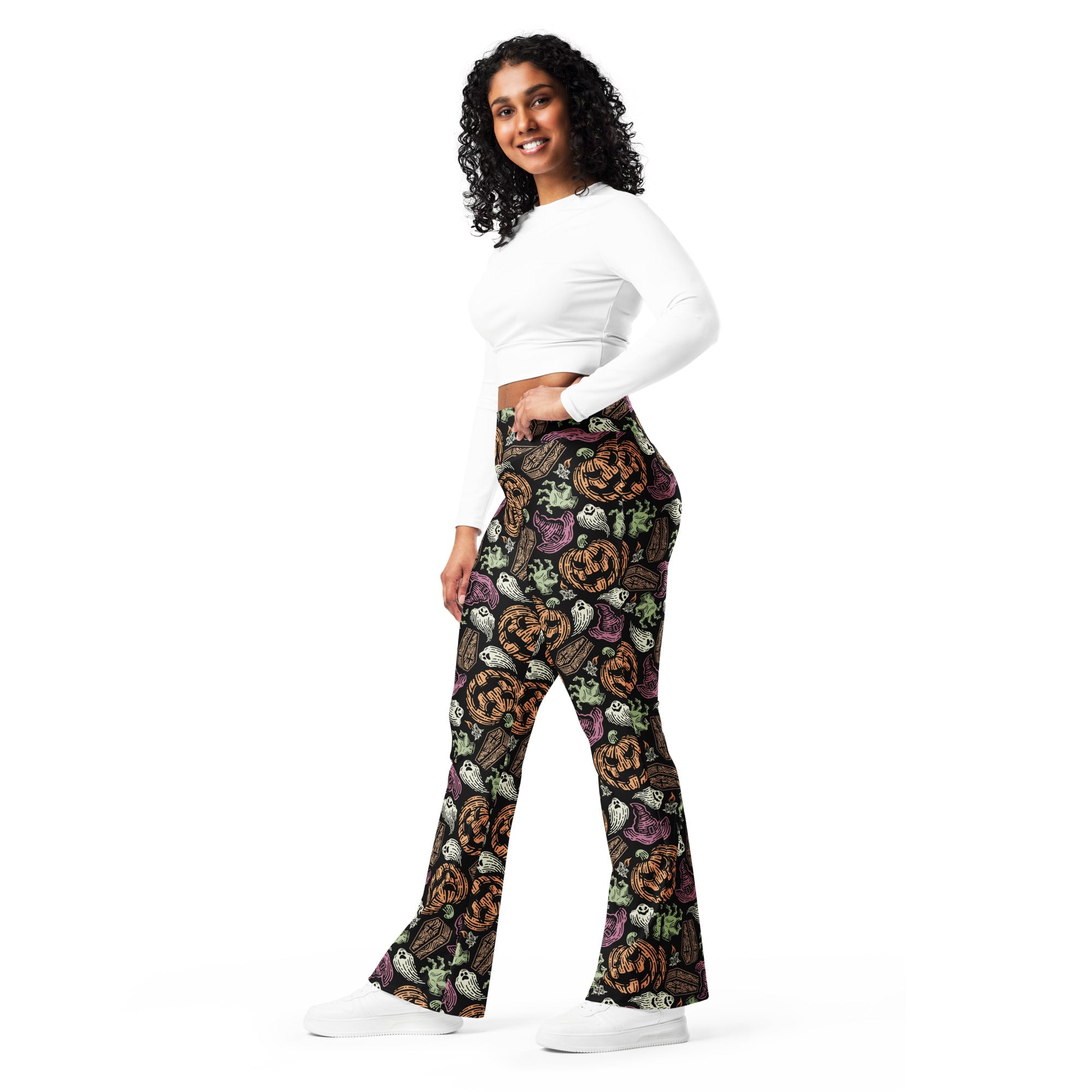 Women’s creepy halloween high waist black flare leggings with orange pumpkins purple ghosts and white owls pattern