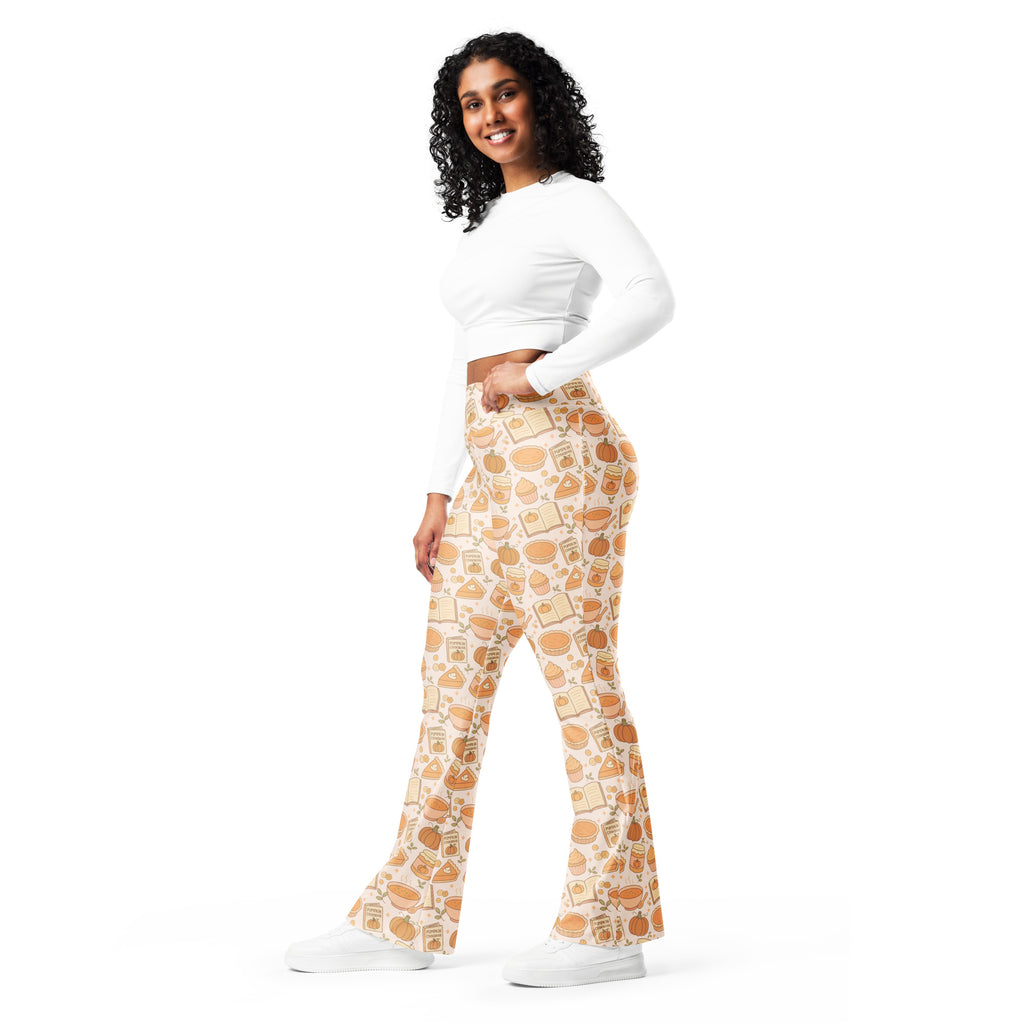 Women’s high waist flare legging pants in off-white with playful cartoon food pattern featuring pancakes and toast