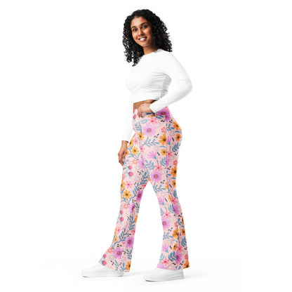 Women's Pink Floral High Waist Flare Legging Pants