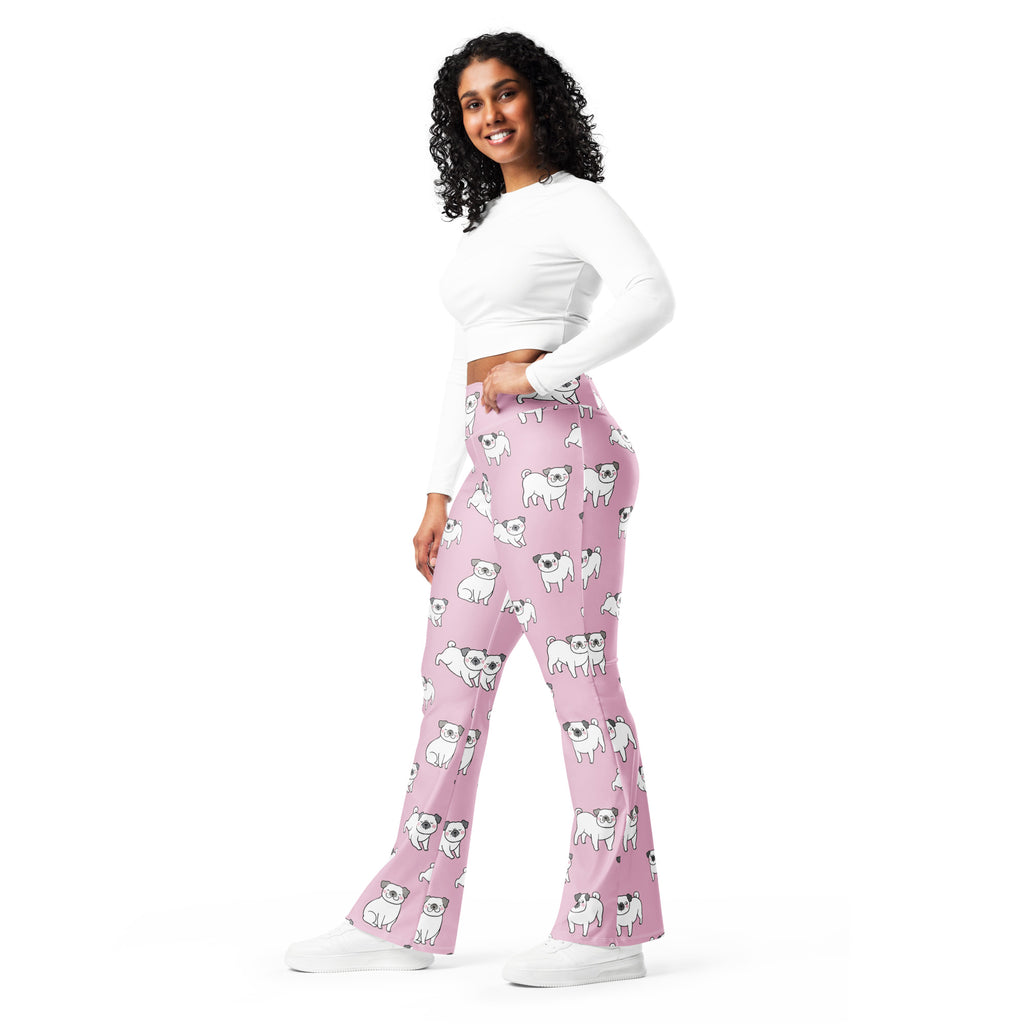 Women’s pink high waist flare legging pants with a playful white pug dog pattern