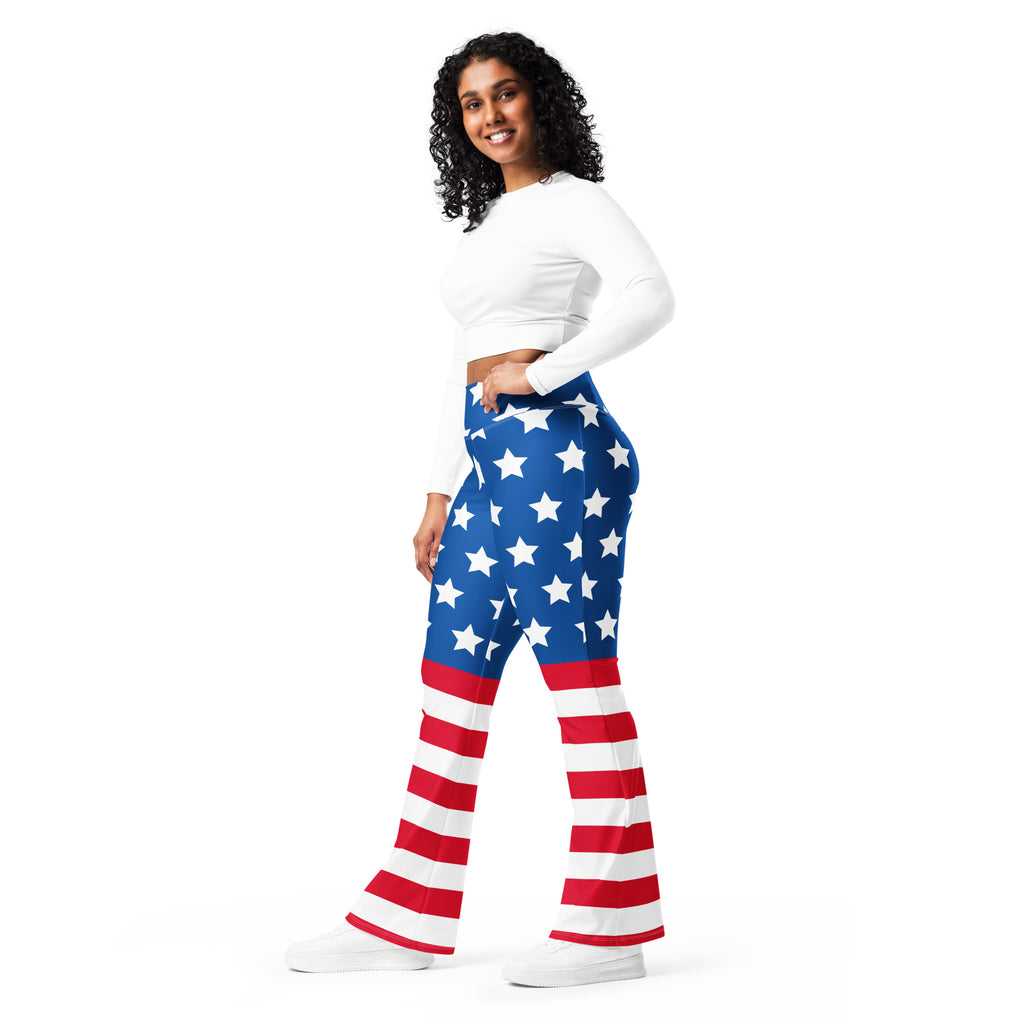 Women’s american flag high waist flare legging pants with blue star fabric and red and white striped lower legs