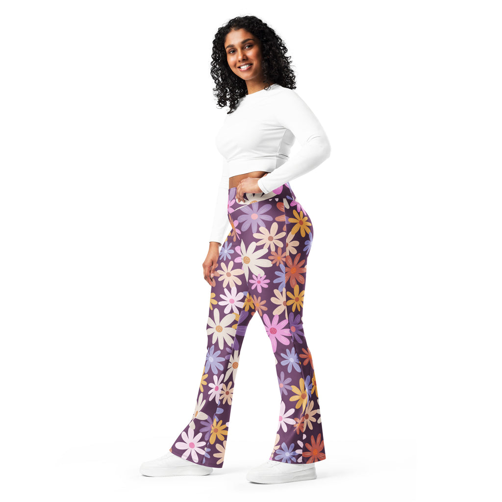 Women’s retro purple daisy high waist flare legging pants with vibrant white pink yellow and orange floral pattern