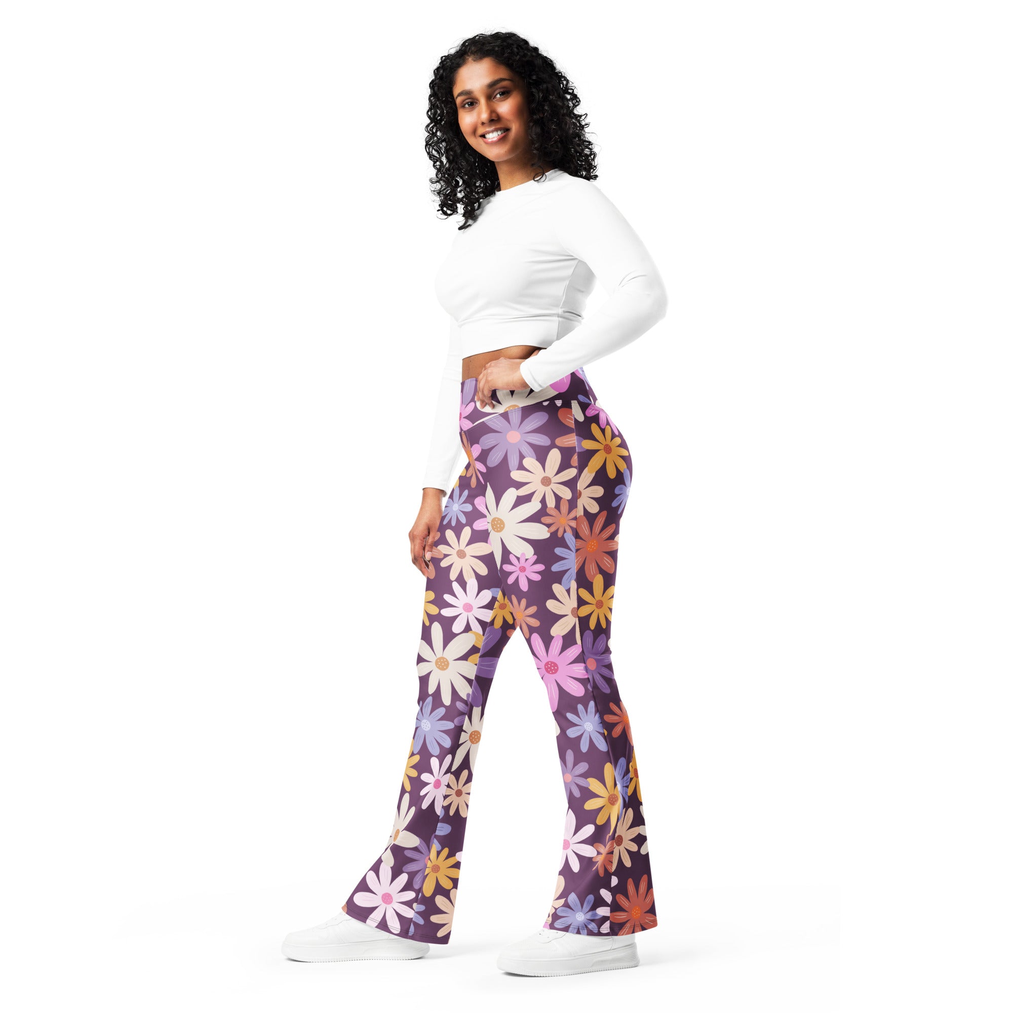 Women’s retro purple daisy high waist flare legging pants with vibrant white pink yellow and orange floral pattern