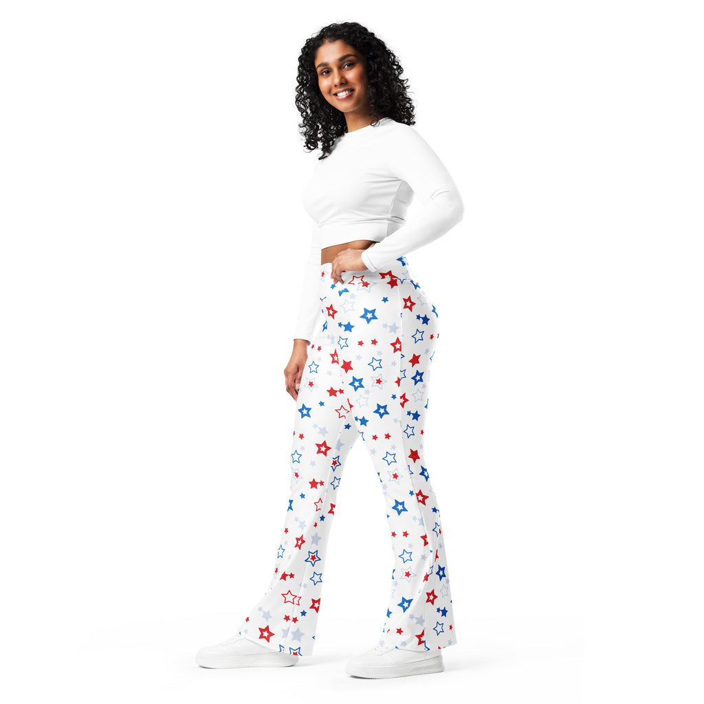 Women’s white flare legging pants with red blue and silver star pattern high waist for festive wear