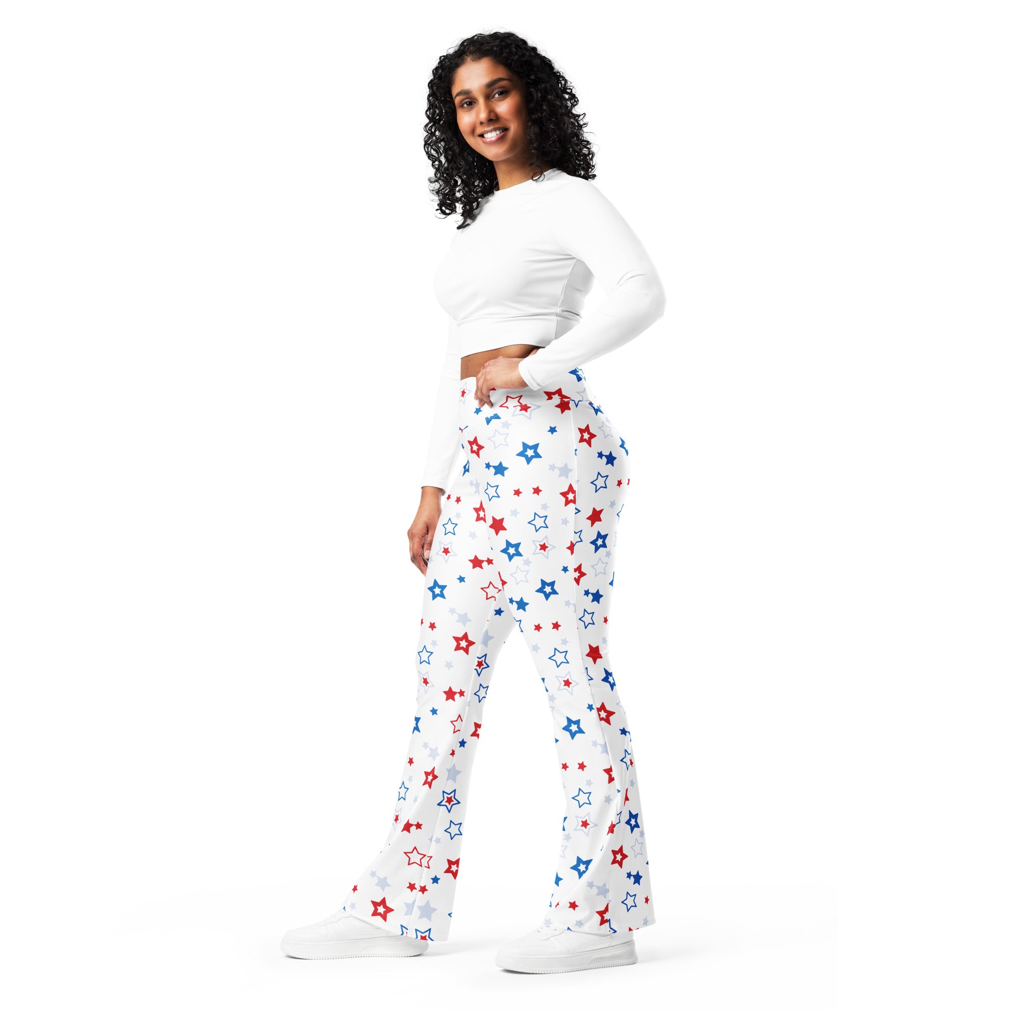 Women’s white flare legging pants with red blue and silver star pattern high waist for festive wear