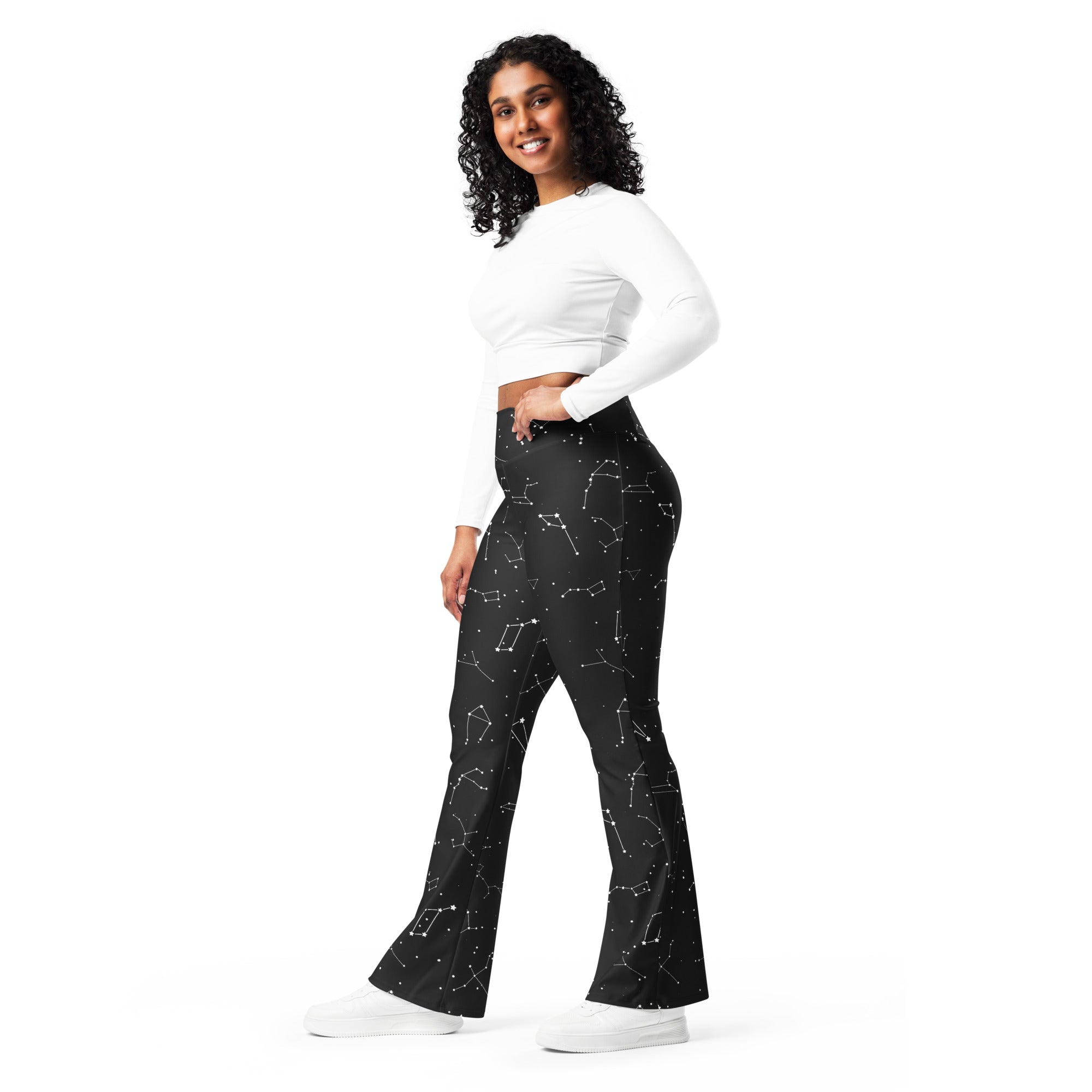 Women’s realistic constellations high waist flare legging pants in black with white constellation pattern