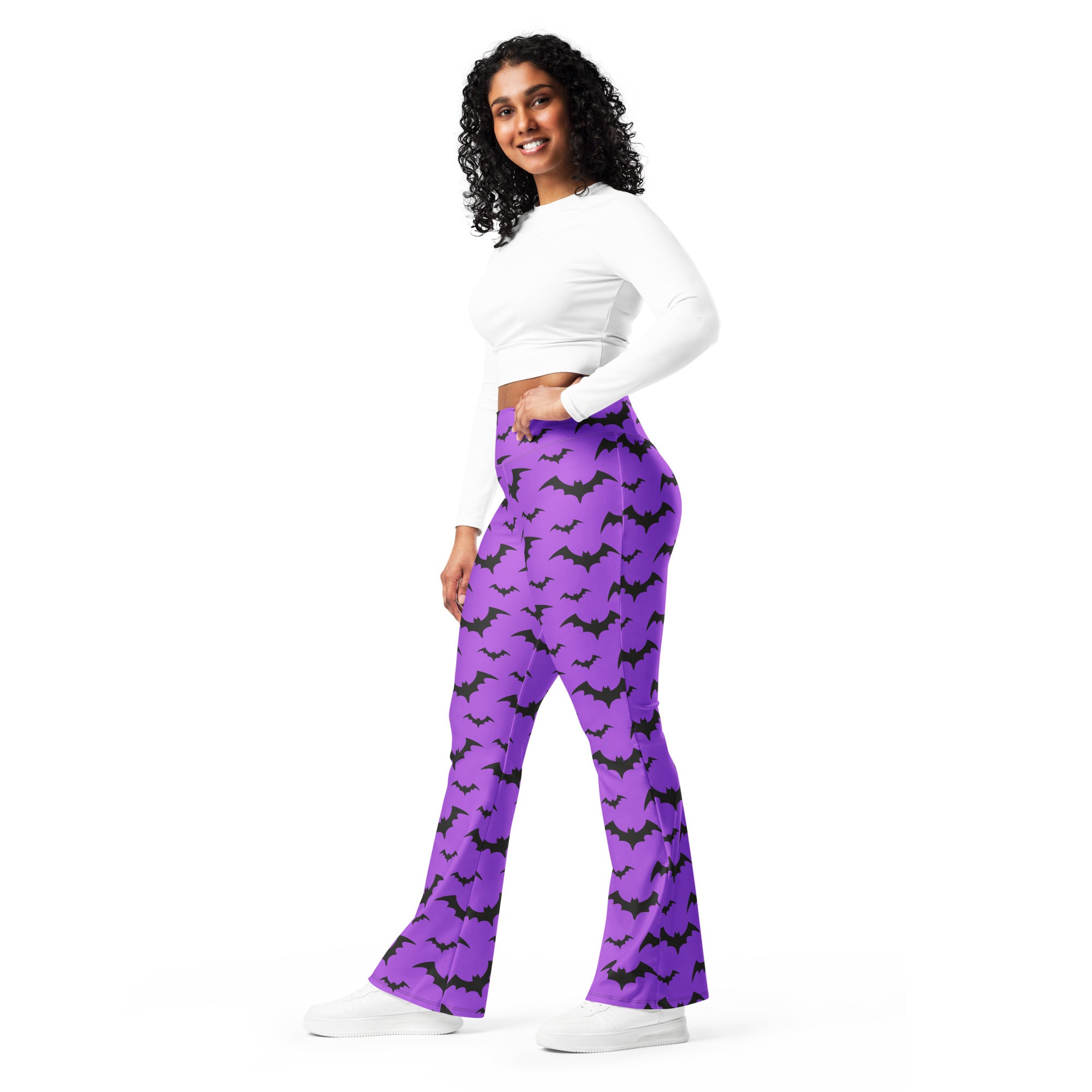 Women’s purple high waist flare legging pants with bat pattern perfect for halloween costume or themed events