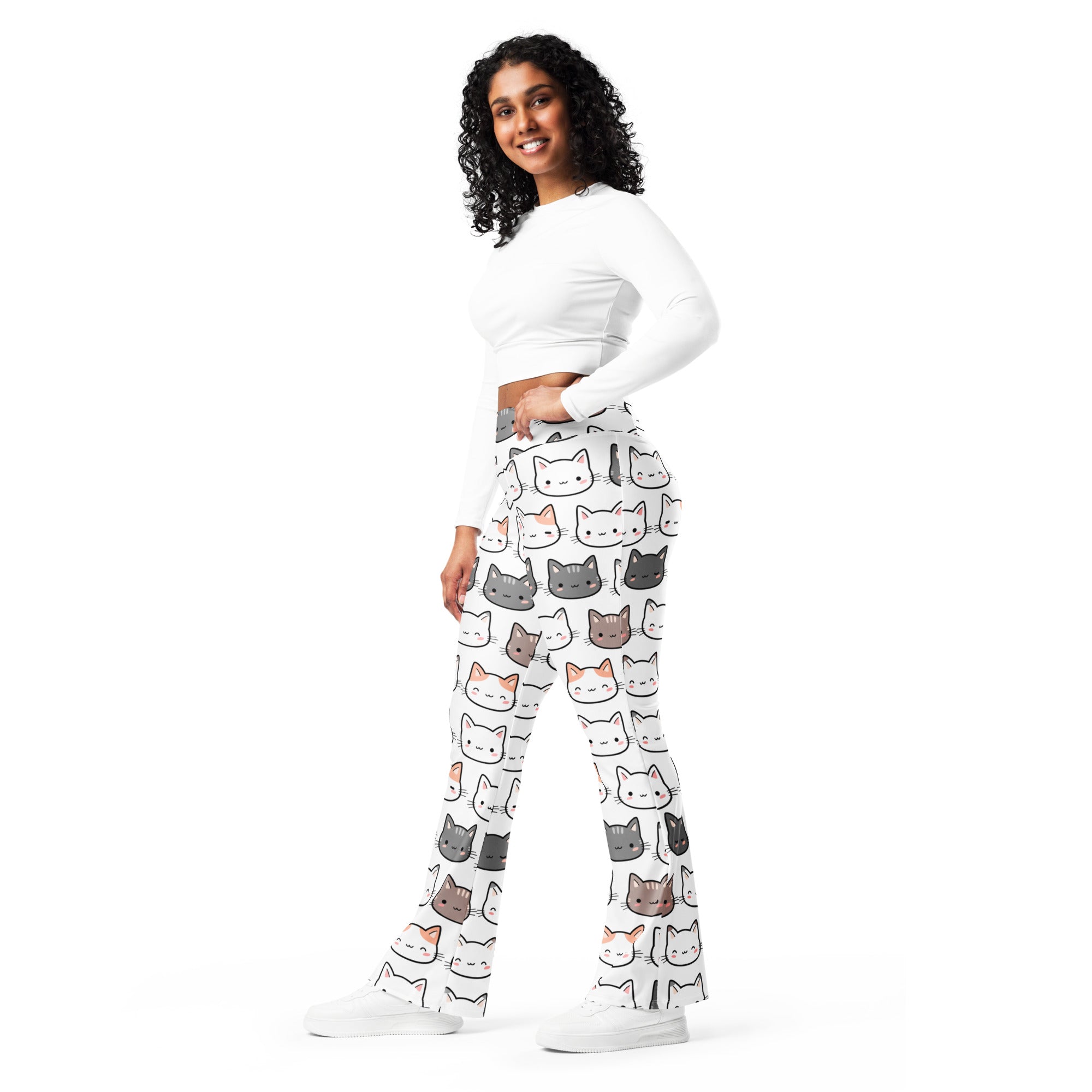 Women’s cute cat print high waist flare legging pants with white cat face pattern and flared legs