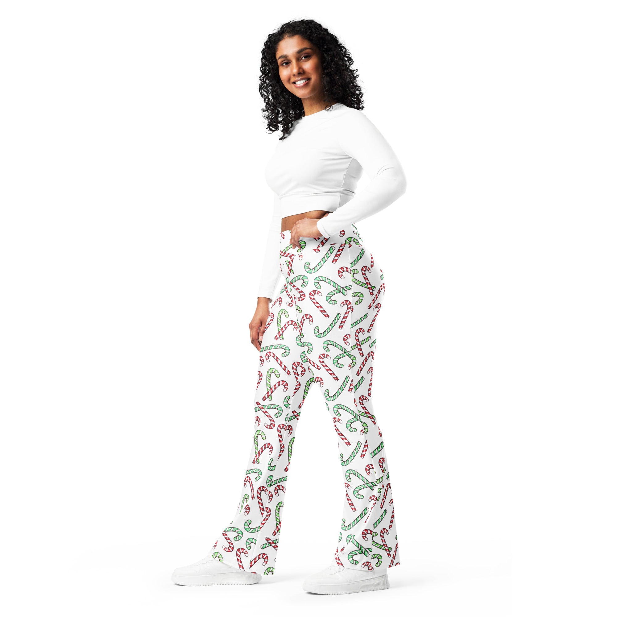 Women's Red & Green Candy Cane High Waist Flare Legging Pants