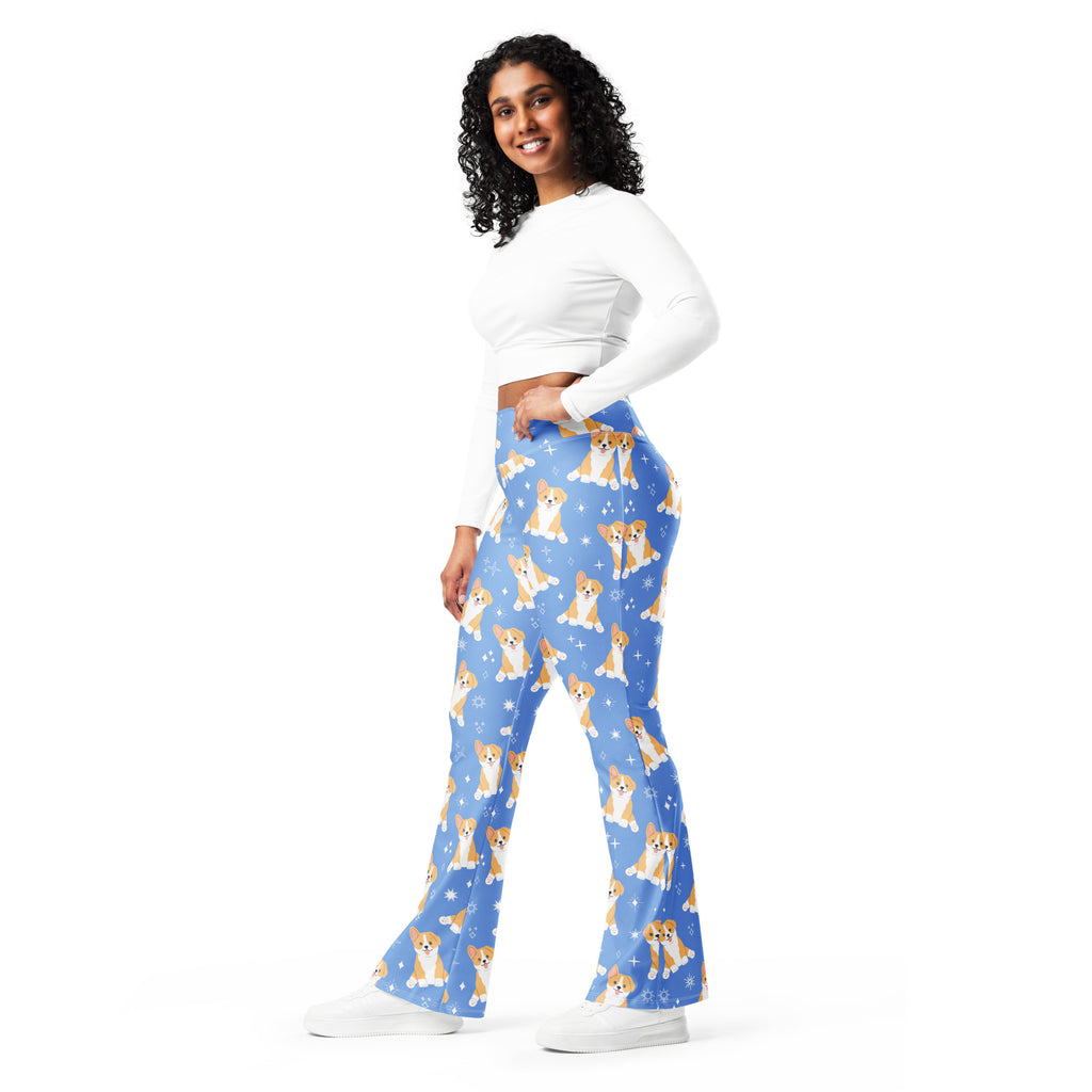 Women's Blue Corgi Dog High Waist Flare Legging Pants