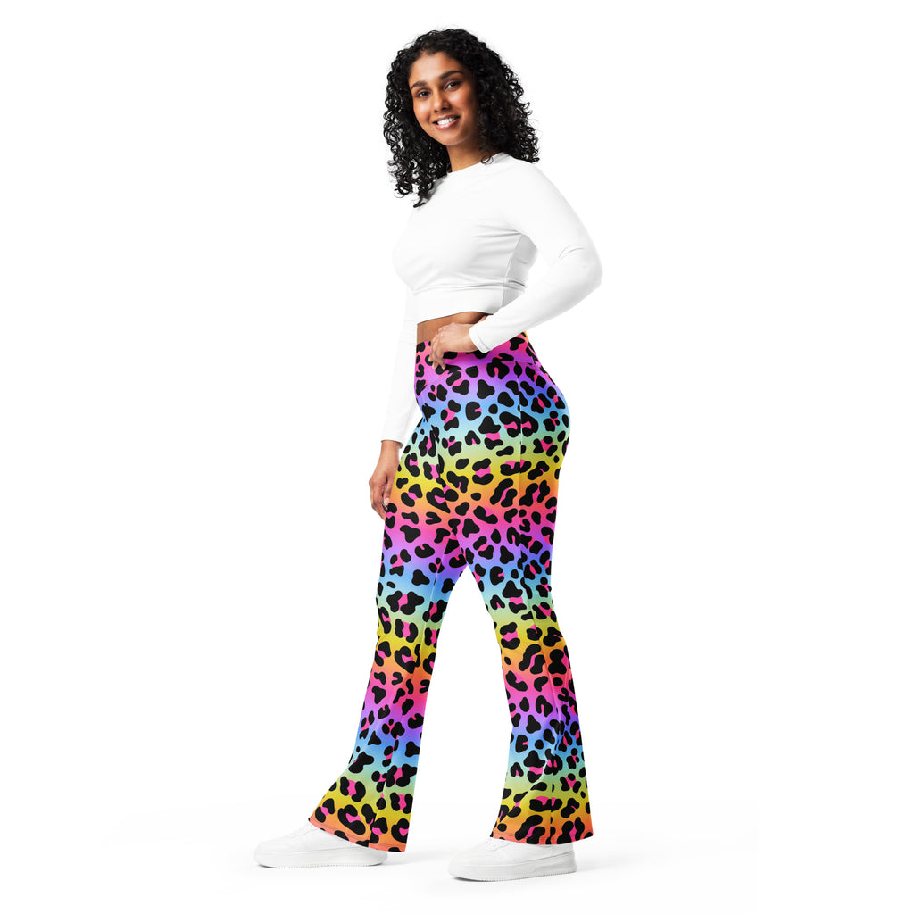Women’s rainbow leopard high waist flare legging pants featuring vibrant rainbow gradient leopard print fabric