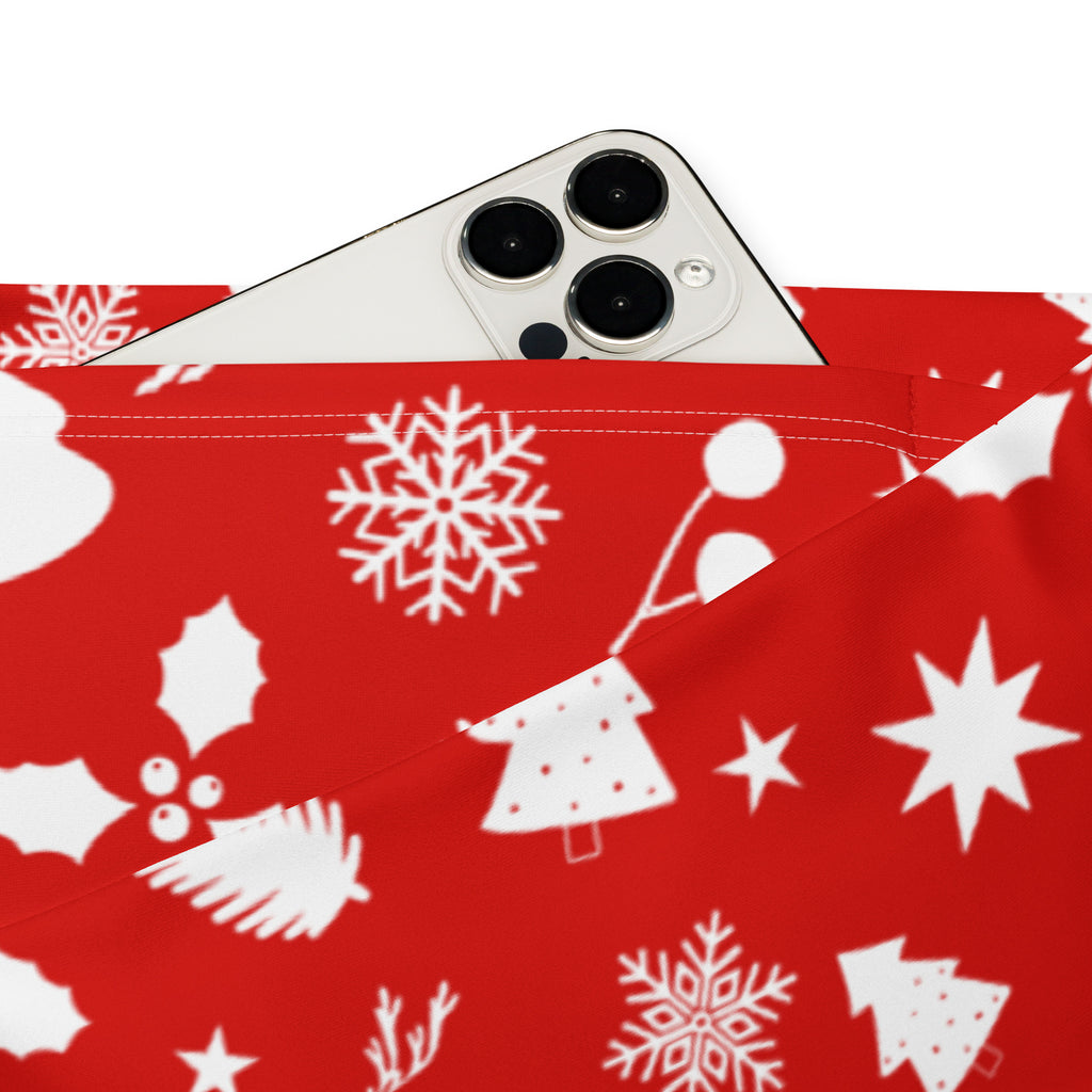 Women’s red christmas print high waist flare legging pants with a red christmas-themed phone pouch featuring white snowflakes and holly leaves