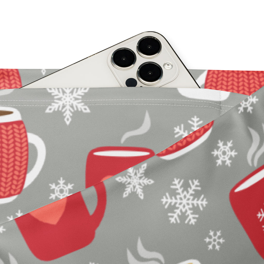 Gray fabric phone pouch with festive red knitted mugs and white snowflakes pattern for women’s hot cocoa Christmas leggings