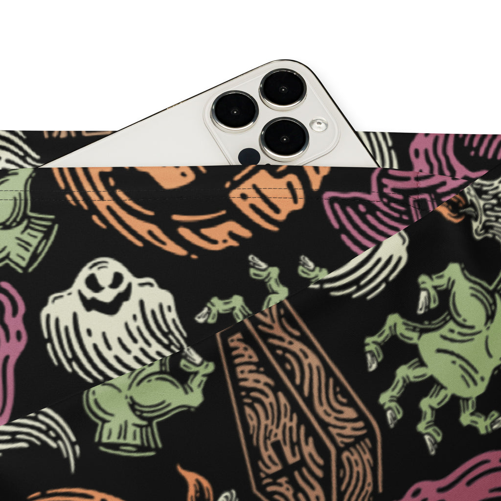 Women’s creepy halloween high waist flare leggings with black fabric pouch featuring colorful ghost horse and coffin pattern
