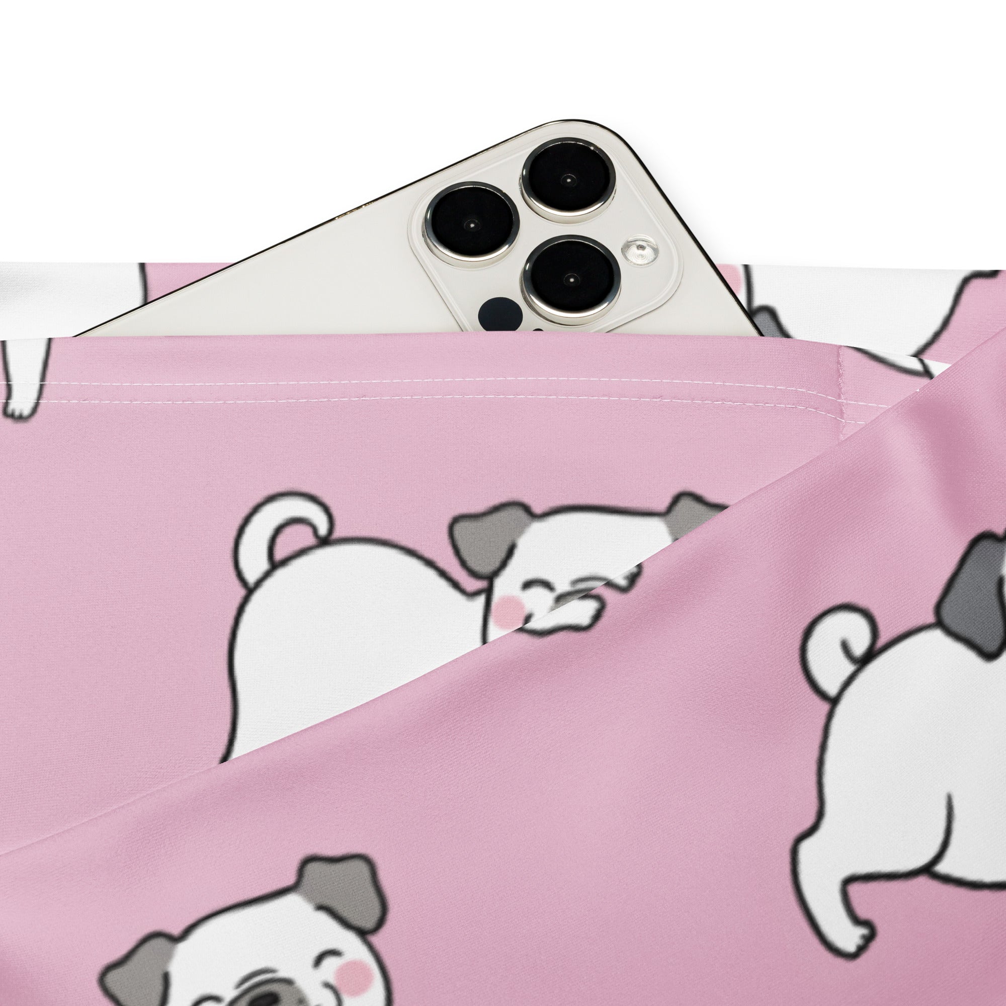 Pink pug-patterned phone pouch with white and gray cartoon dogs on soft fabric for women’s pink pug dog leggings