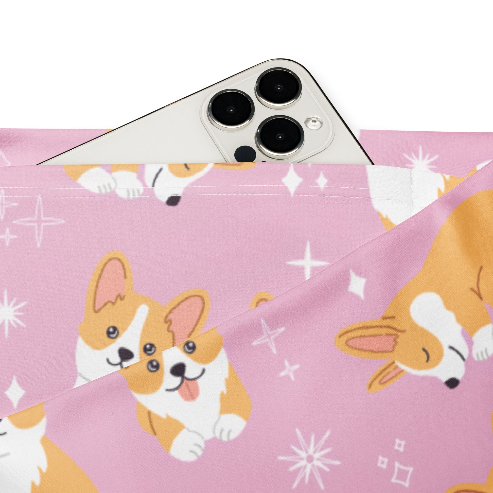 Pink corgi dog high waist flare legging pants with a playful pink corgi-themed phone pouch featuring white stars