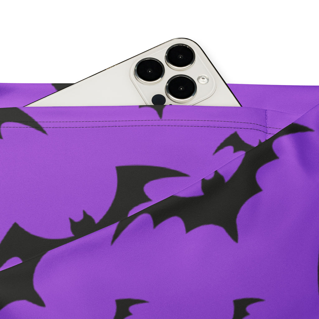 Purple fabric pouch with black bat silhouettes matching womens purple bats halloween high waist flare leggings